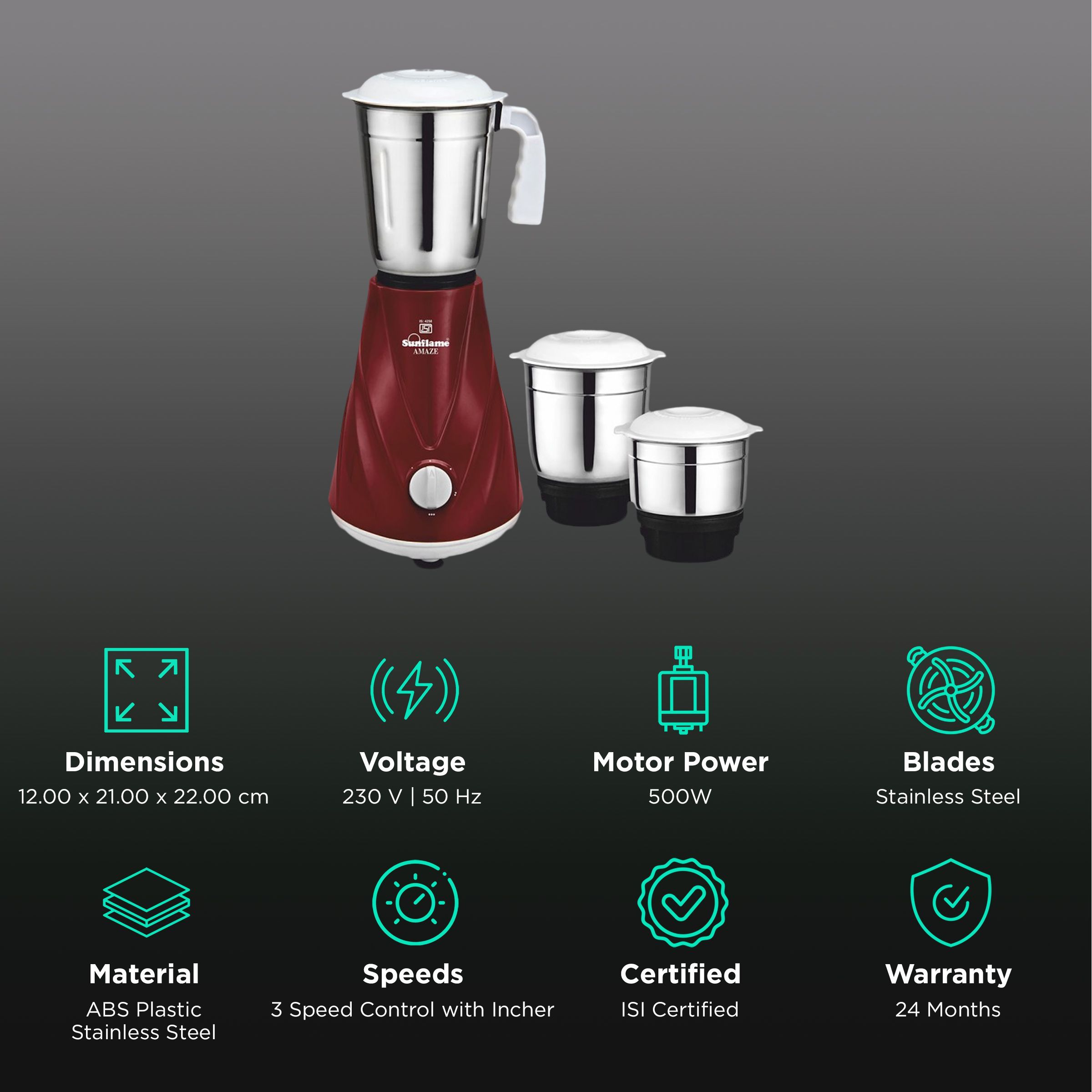 Sunflame AMAZE DX 500 Watt 3 Jars Mixer Grinder (3 Speed Control with Incher, Maroon)_2