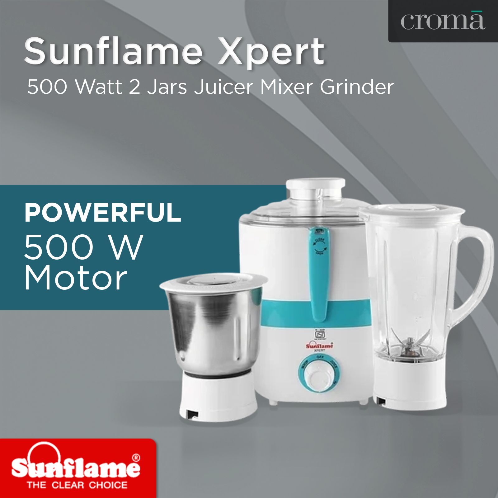 Sunflame XPERT 500 Watt 2 Jars Juicer Mixer Grinder (3 Speed Control with Incher, White)_6