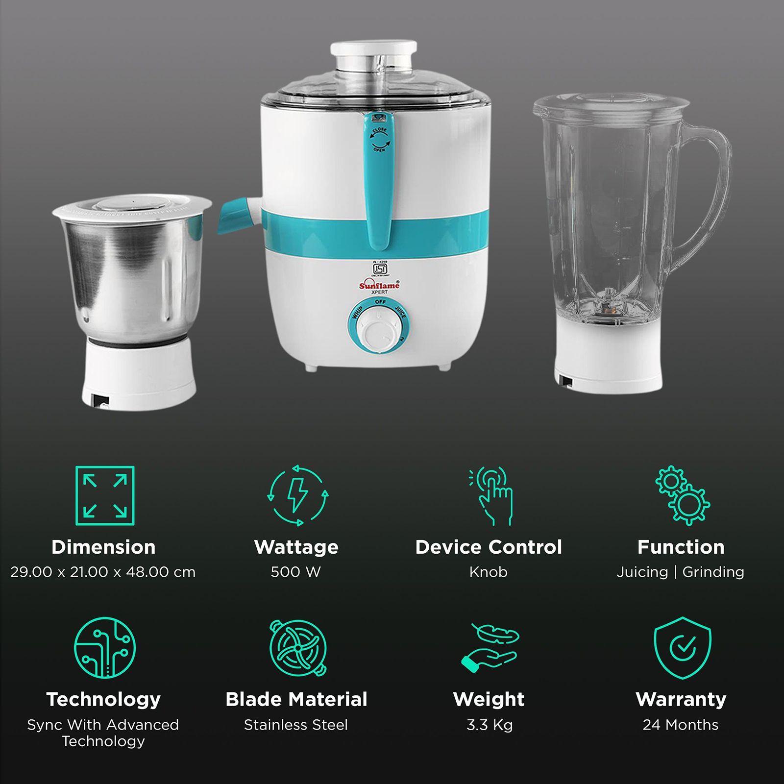 Sunflame XPERT 500 Watt 2 Jars Juicer Mixer Grinder (3 Speed Control with Incher, White)_2