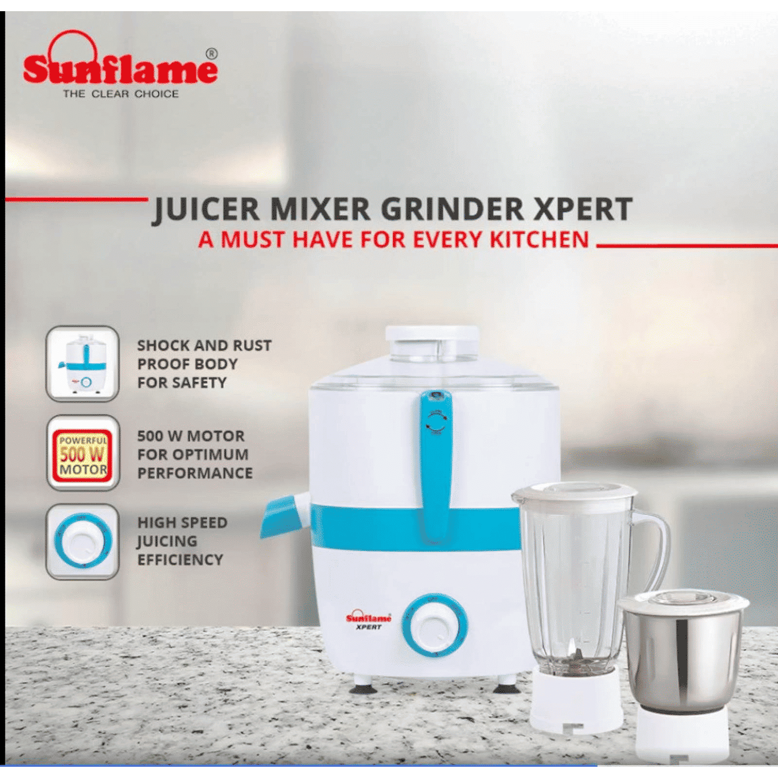Sunflame XPERT 500 Watt 2 Jars Juicer Mixer Grinder (3 Speed Control with Incher, White)_5