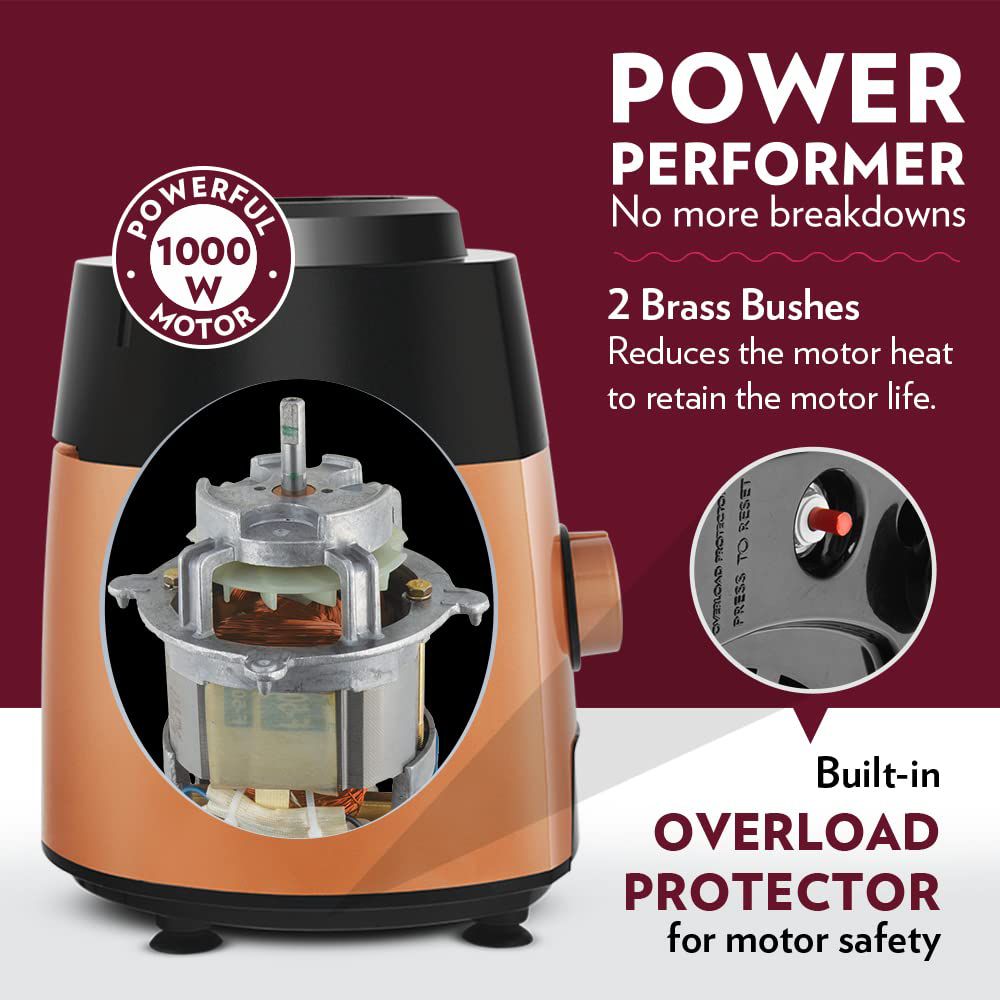 BOROSIL Fortuner 1000 Watt 4 Jars Mixer Grinder (22000 RPM, Overload Protector, Brown & Black)_4