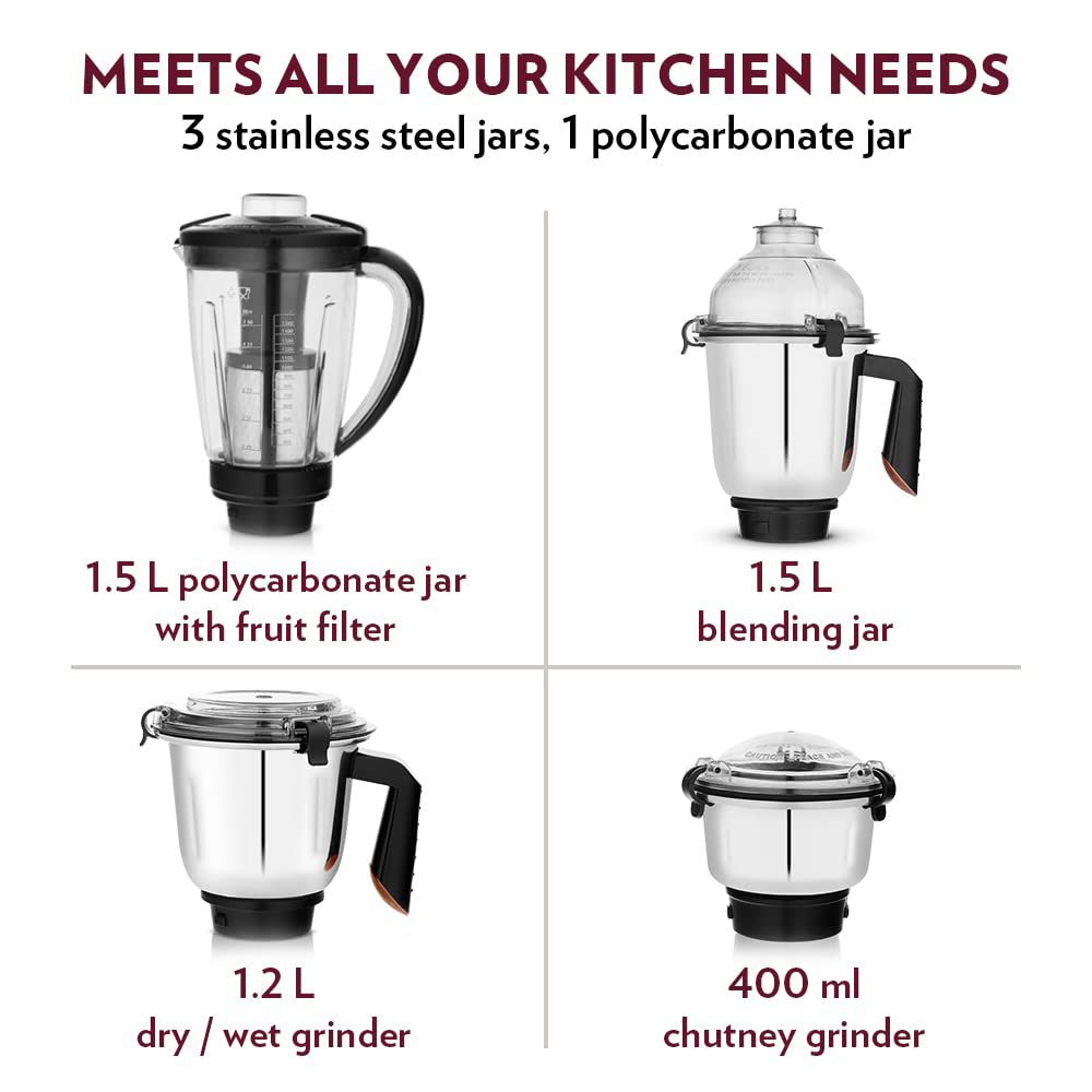 BOROSIL Fortuner 1000 Watt 4 Jars Mixer Grinder (22000 RPM, Overload Protector, Brown & Black)_9