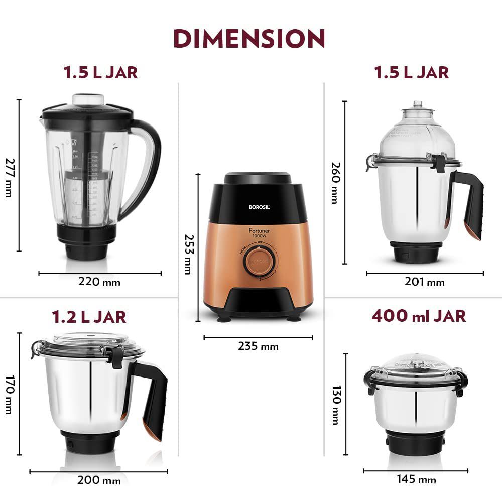 BOROSIL Fortuner 1000 Watt 4 Jars Mixer Grinder (22000 RPM, Overload Protector, Brown & Black)_10