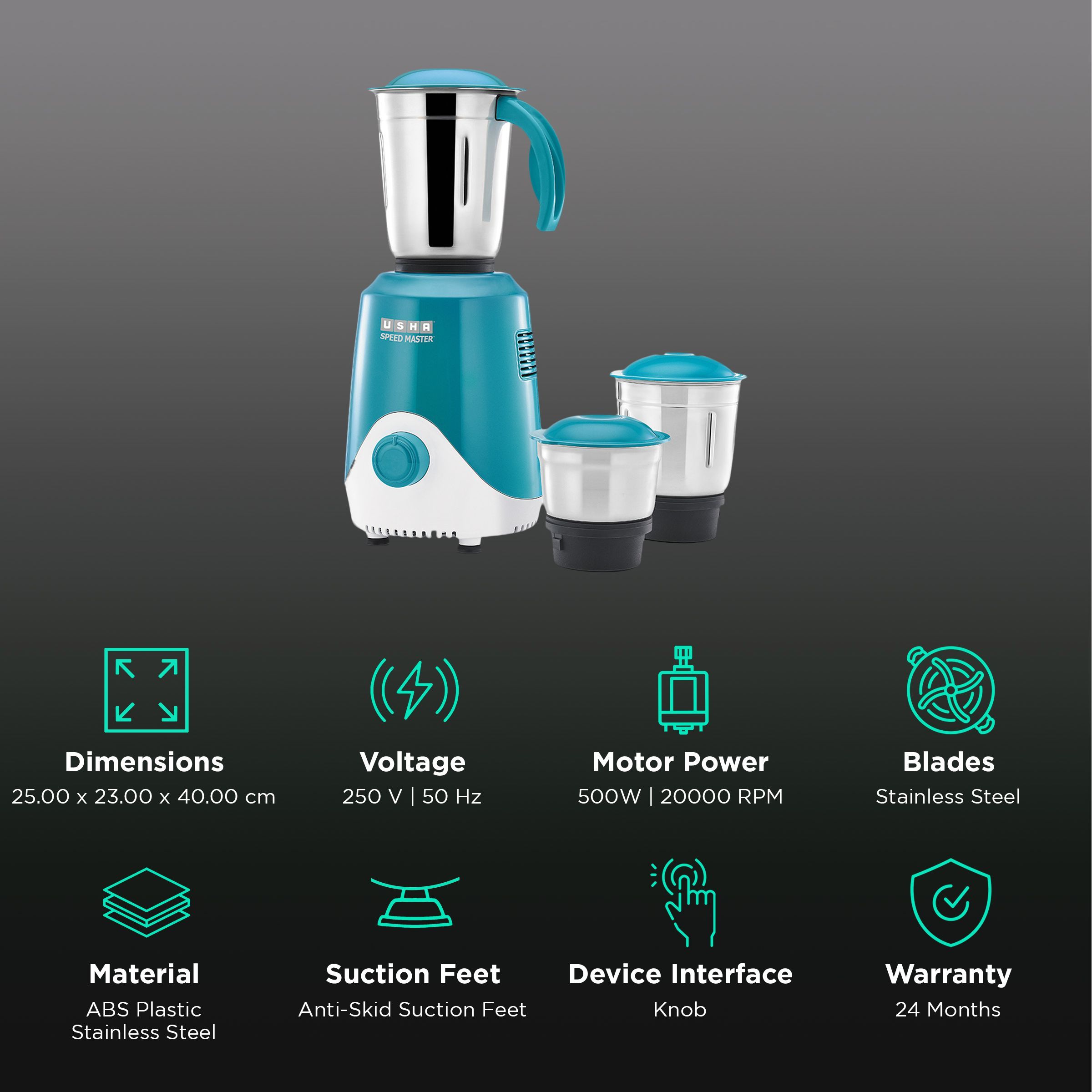 USHA Speed Master 500 Watt 3 Jars Mixer Grinder (20000 RPM, Overload Protection, Blue) USHA Speed Master 500 Watt 3 Jars Mixer Grinder (20000 RPM, Overload Protection, Blue)_2