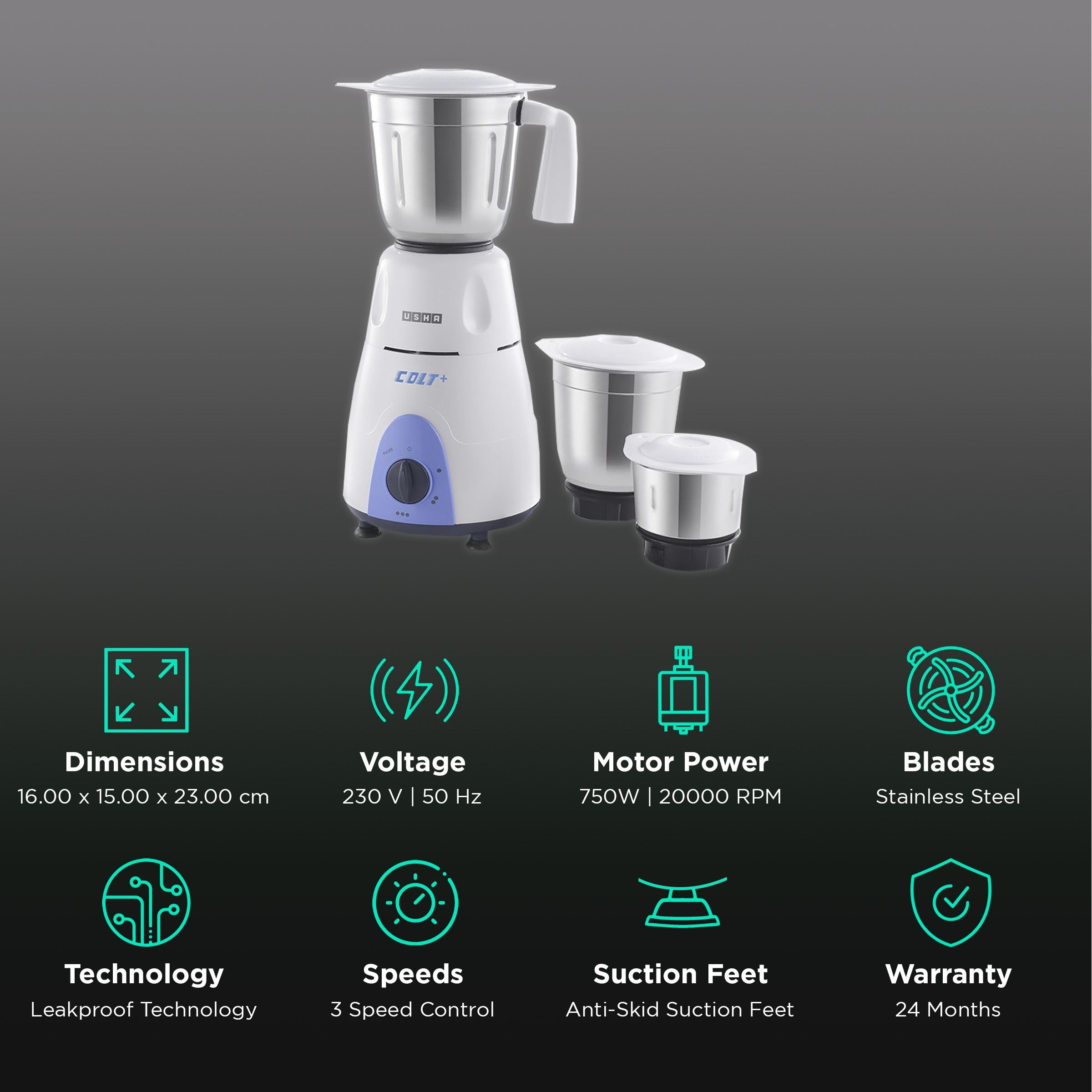 USHA Colt Plus 750 Watt 3 Jars Mixer Grinder (20000 RPM, Overload Protection, Green/White)_2