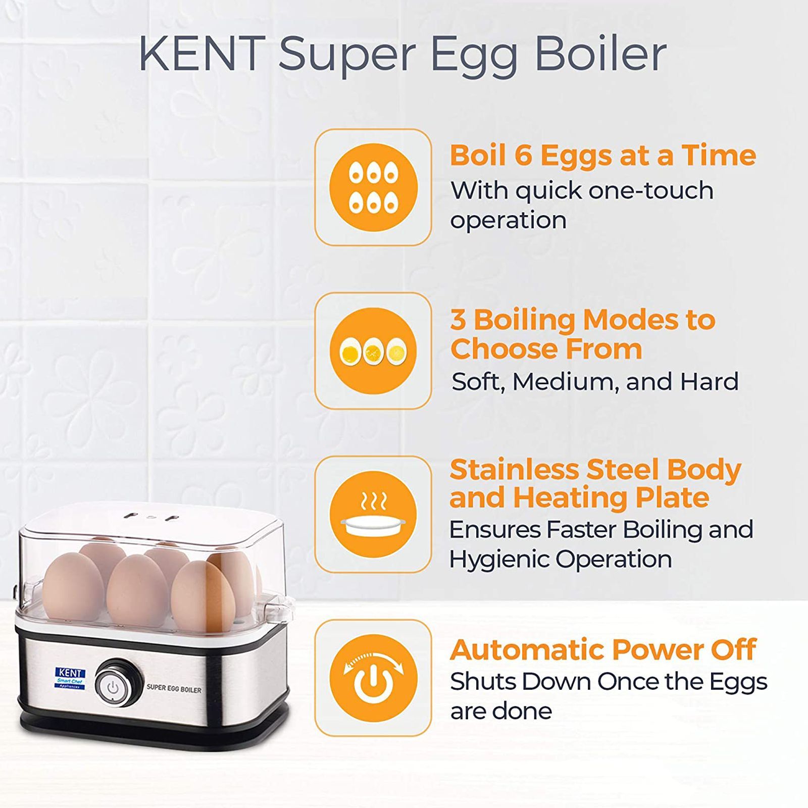 KENT Super 6 Egg Electric Egg Boiler with Auto Shut Off (Silver)_8