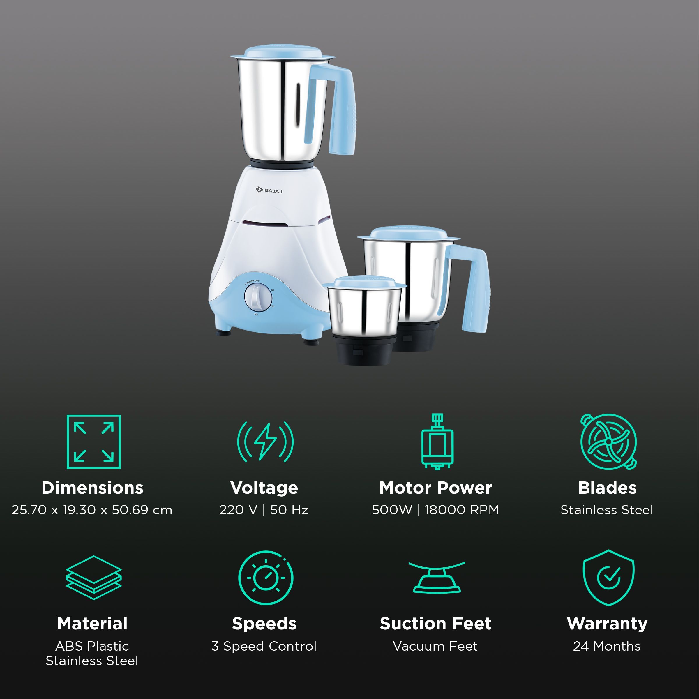 BAJAJ GX 500 Watt 3 Jars Mixer Grinder (18000 RPM, 3 Speed Control, White)_2