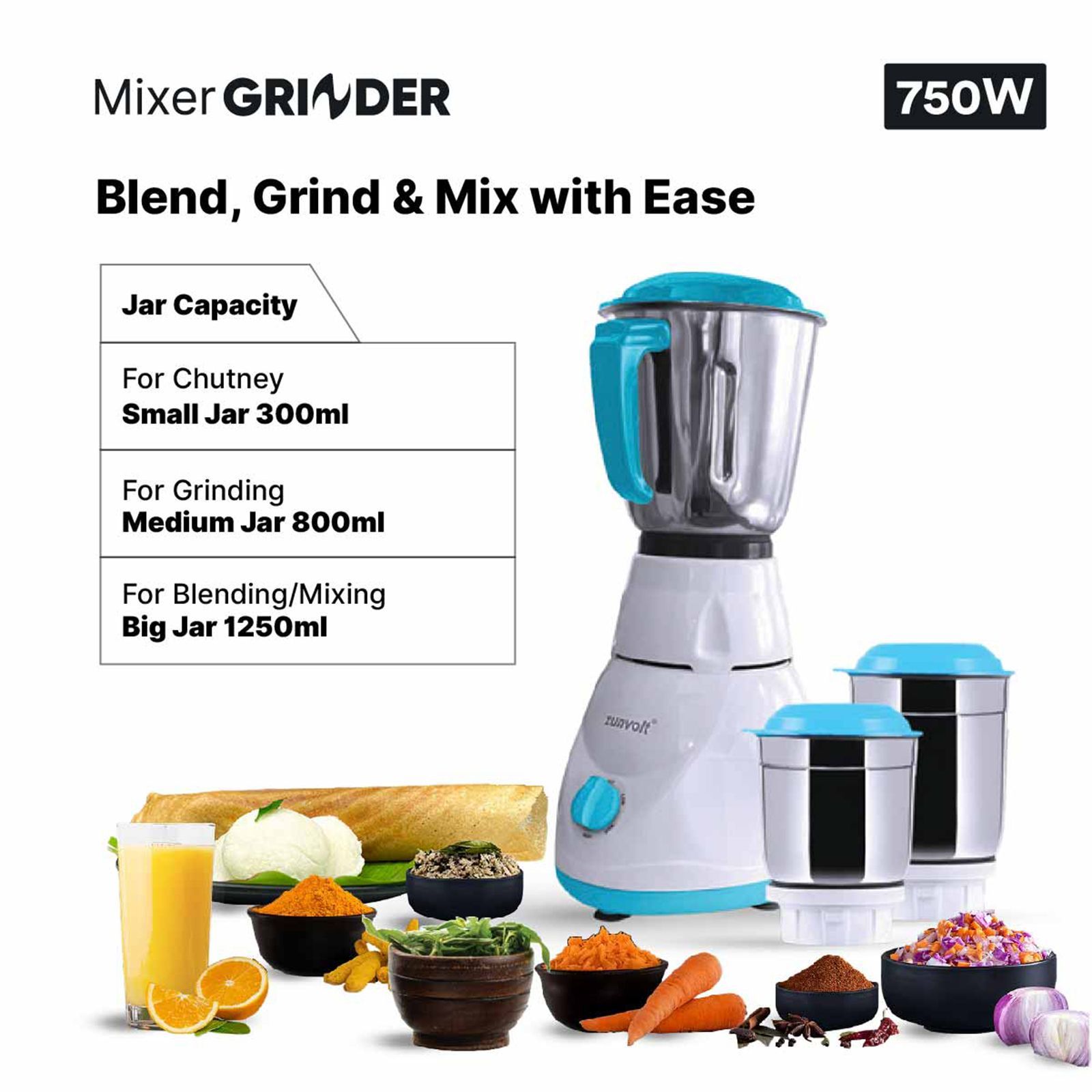 zunvolt 750 Watt 3 Jars Mixer Grinder (22000 RPM, Shock Proof Body, White)_9