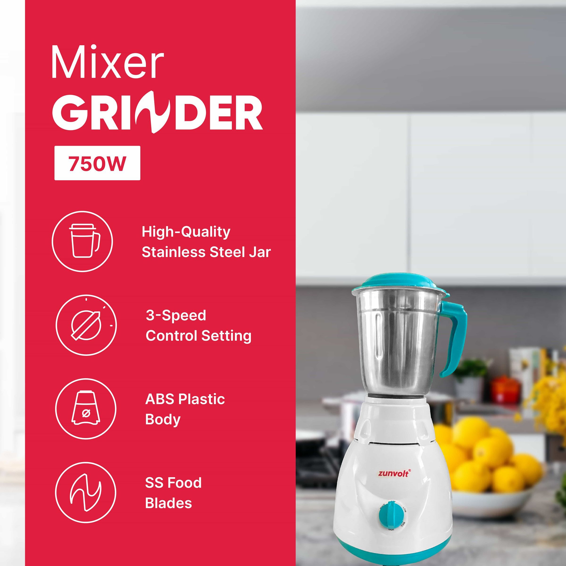 zunvolt 750 Watt 3 Jars Mixer Grinder (22000 RPM, Shock Proof Body, White)_10