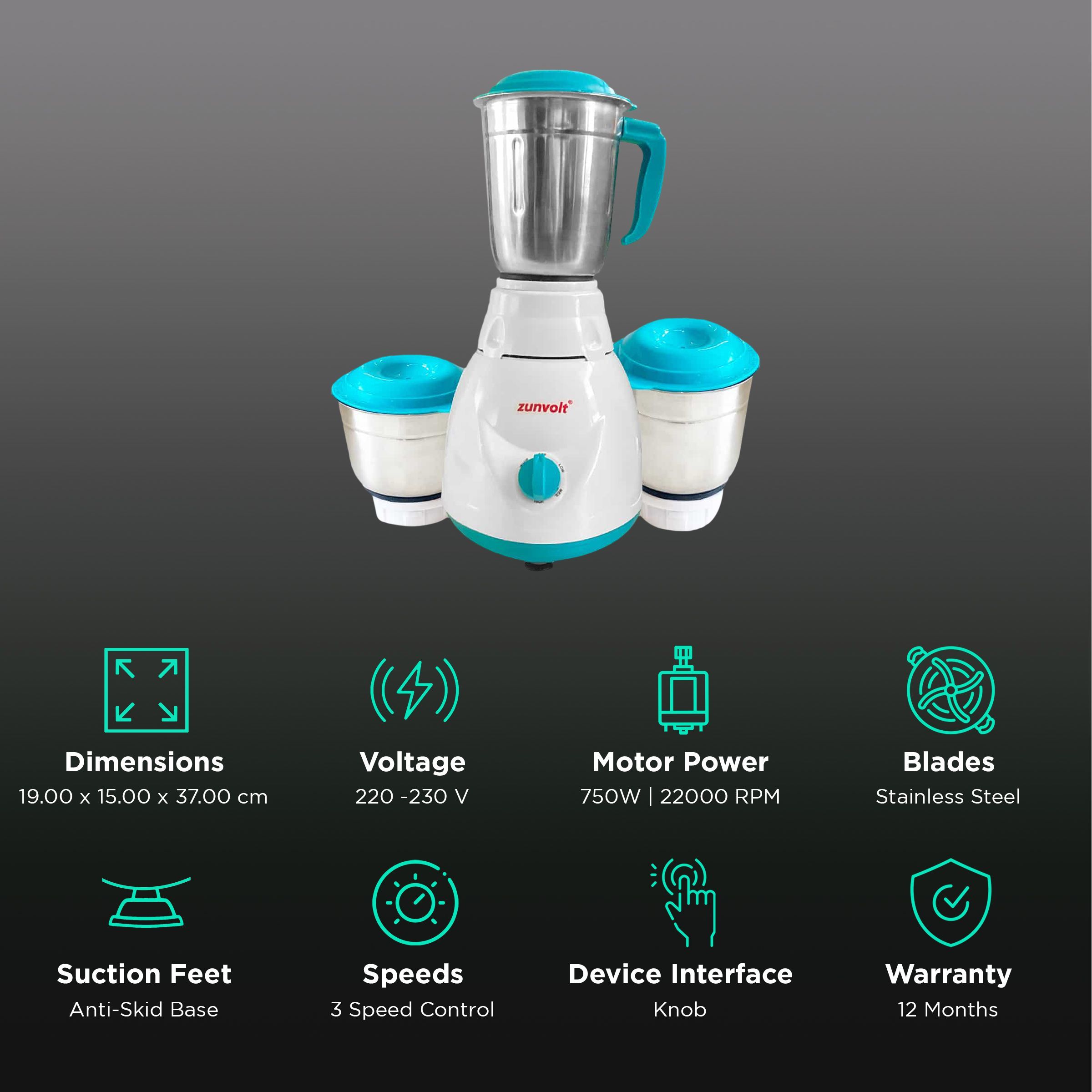 zunvolt 750 Watt 3 Jars Mixer Grinder (22000 RPM, Shock Proof Body, White)_2