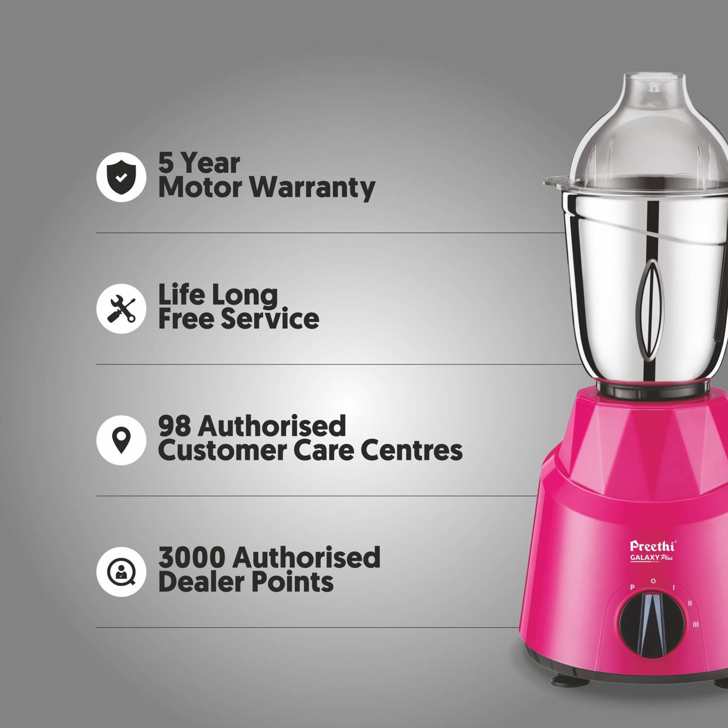 Preethi Galaxy Plus 750 Watt 4 Jars Mixer Grinder (21000 RPM, Rotary Switch with 3 Speed Control, Pink)_9