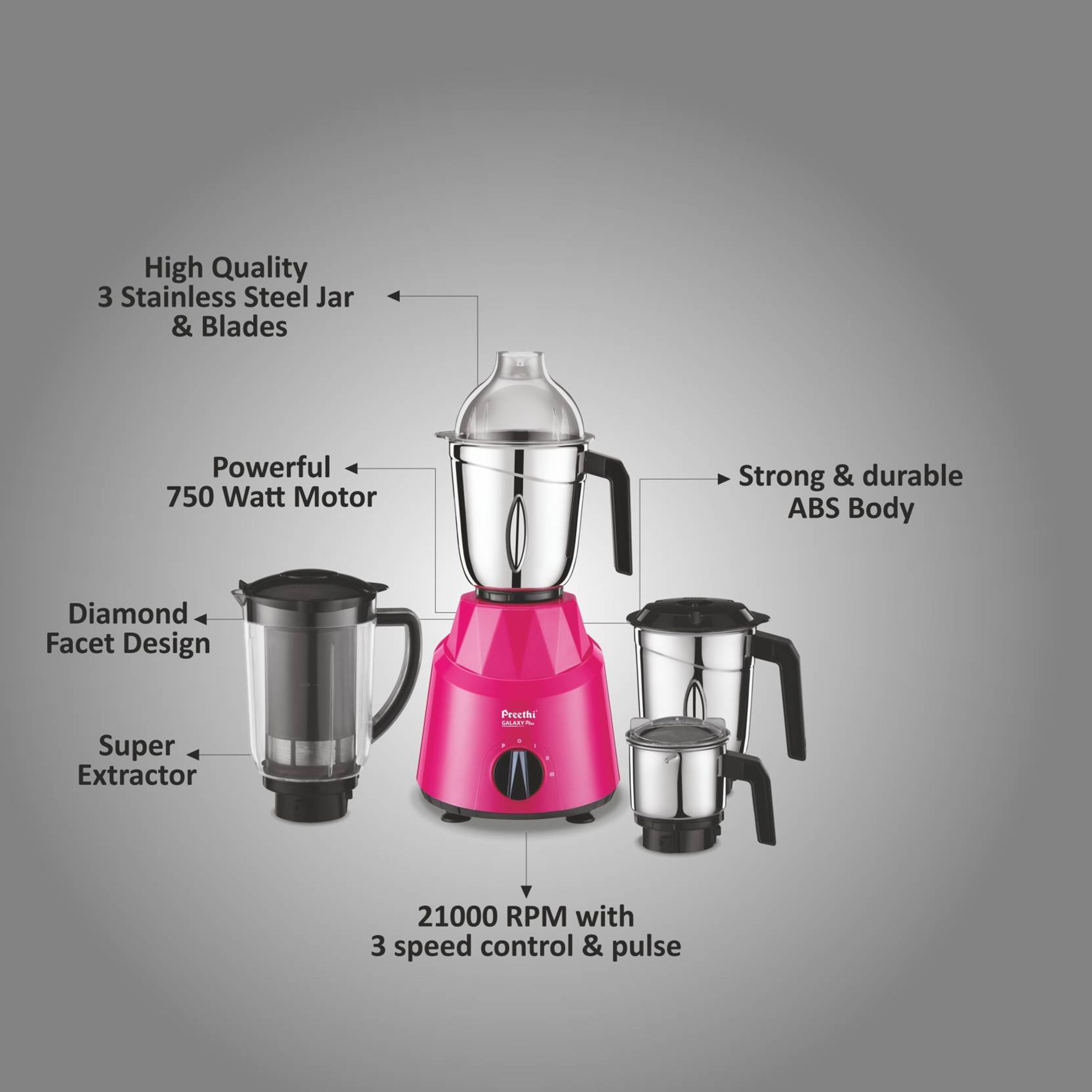 Preethi Galaxy Plus 750 Watt 4 Jars Mixer Grinder (21000 RPM, Rotary Switch with 3 Speed Control, Pink)_10