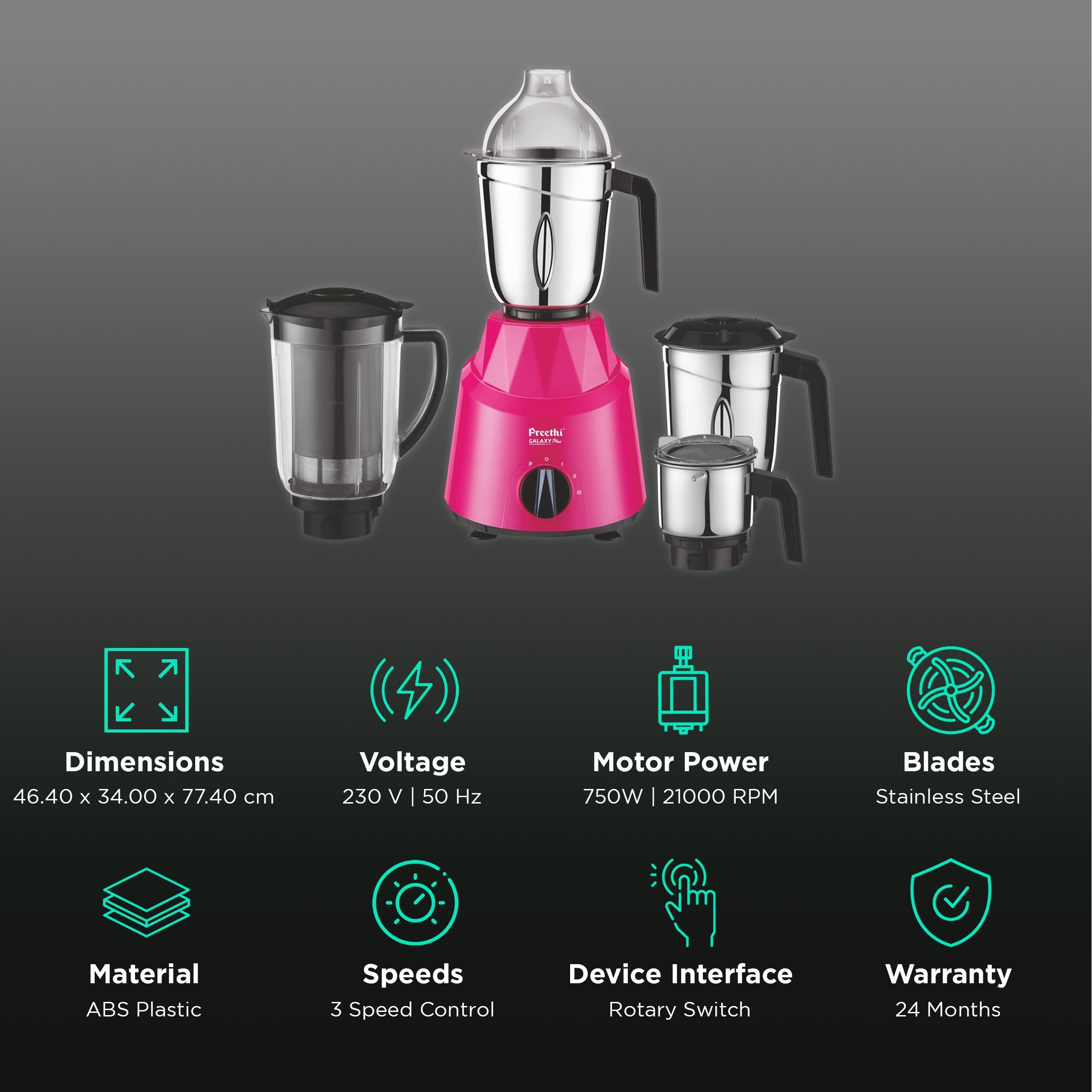 Preethi Galaxy Plus 750 Watt 4 Jars Mixer Grinder (21000 RPM, Rotary Switch with 3 Speed Control, Pink)_2