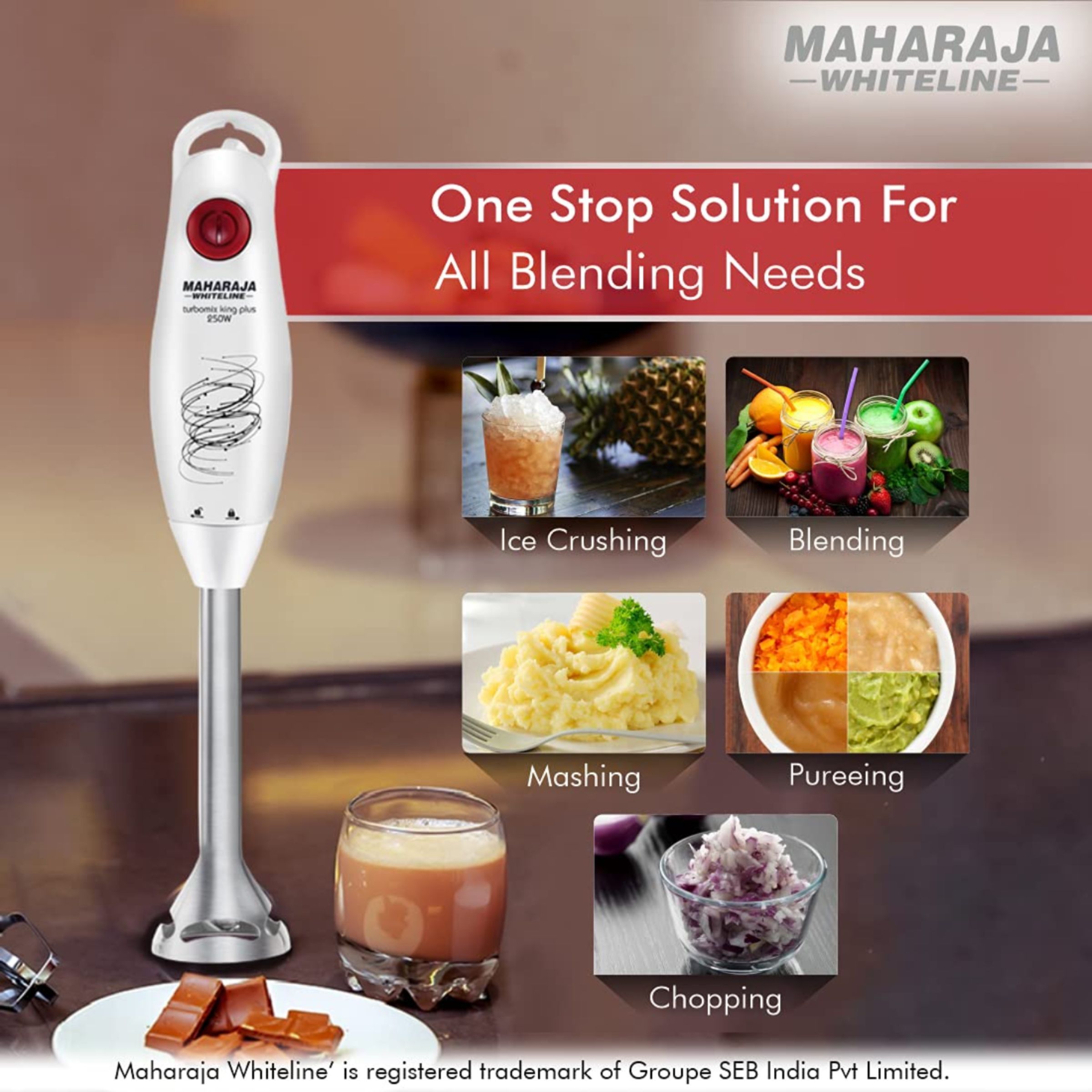 MAHARAJA WHITELINE Turbomix King Plus HB-132 250 Watt Hand Blender with 2 Attachments (Duraforce Advanced Blade Technology, White/Red)_7