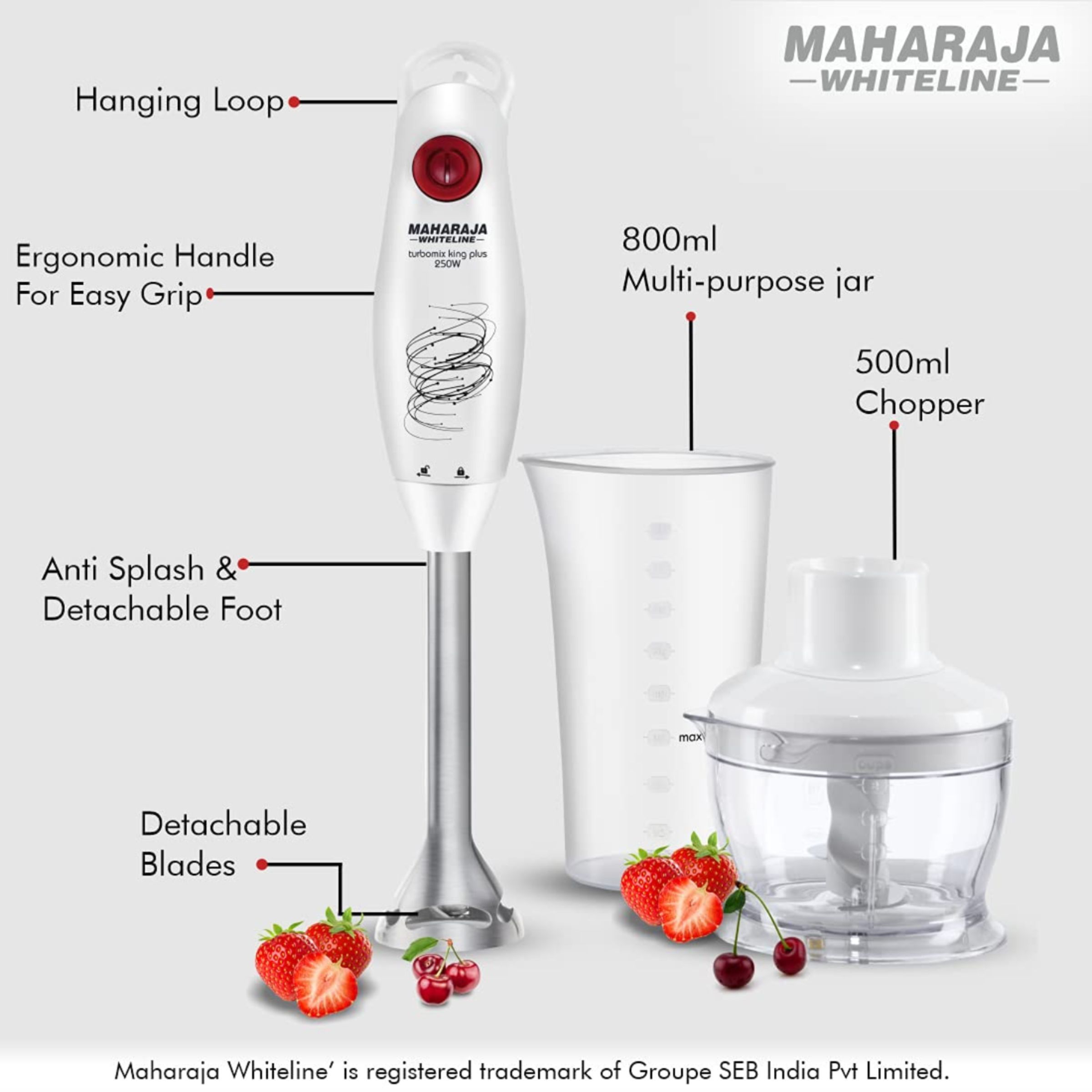 MAHARAJA WHITELINE Turbomix King Plus HB-132 250 Watt Hand Blender with 2 Attachments (Duraforce Advanced Blade Technology, White/Red)_8