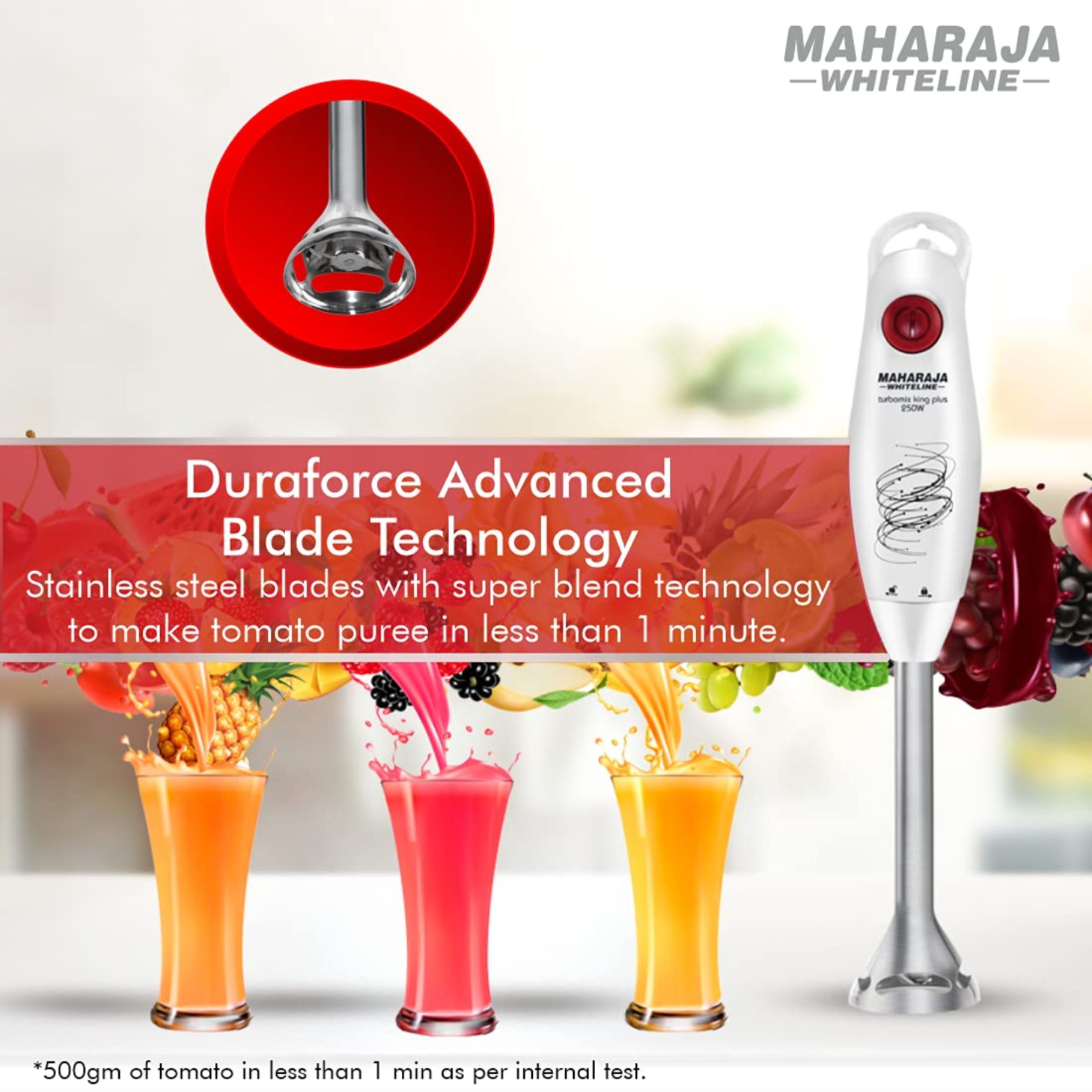 MAHARAJA WHITELINE Turbomix King Plus HB-132 250 Watt Hand Blender with 2 Attachments (Duraforce Advanced Blade Technology, White/Red)_10