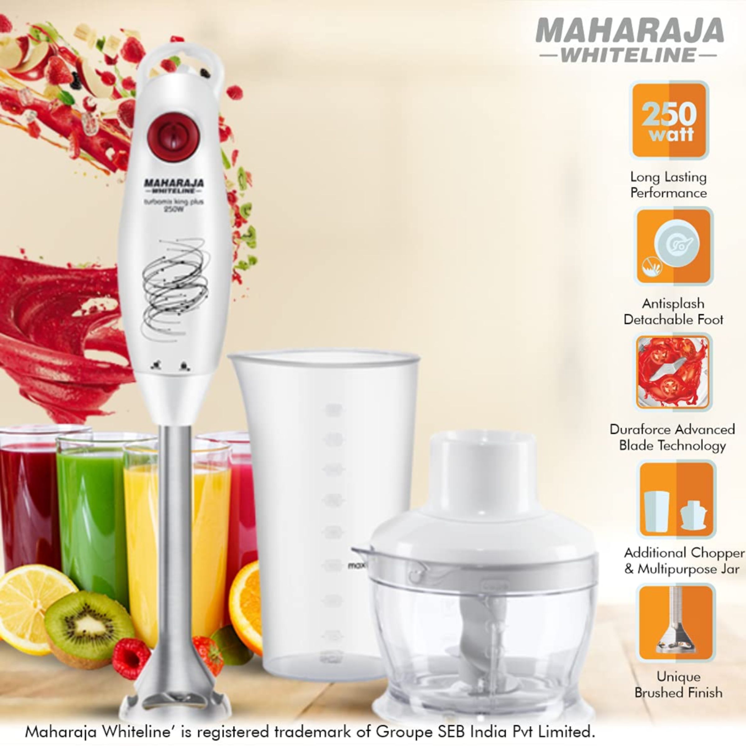 MAHARAJA WHITELINE Turbomix King Plus HB-132 250 Watt Hand Blender with 2 Attachments (Duraforce Advanced Blade Technology, White/Red)_12