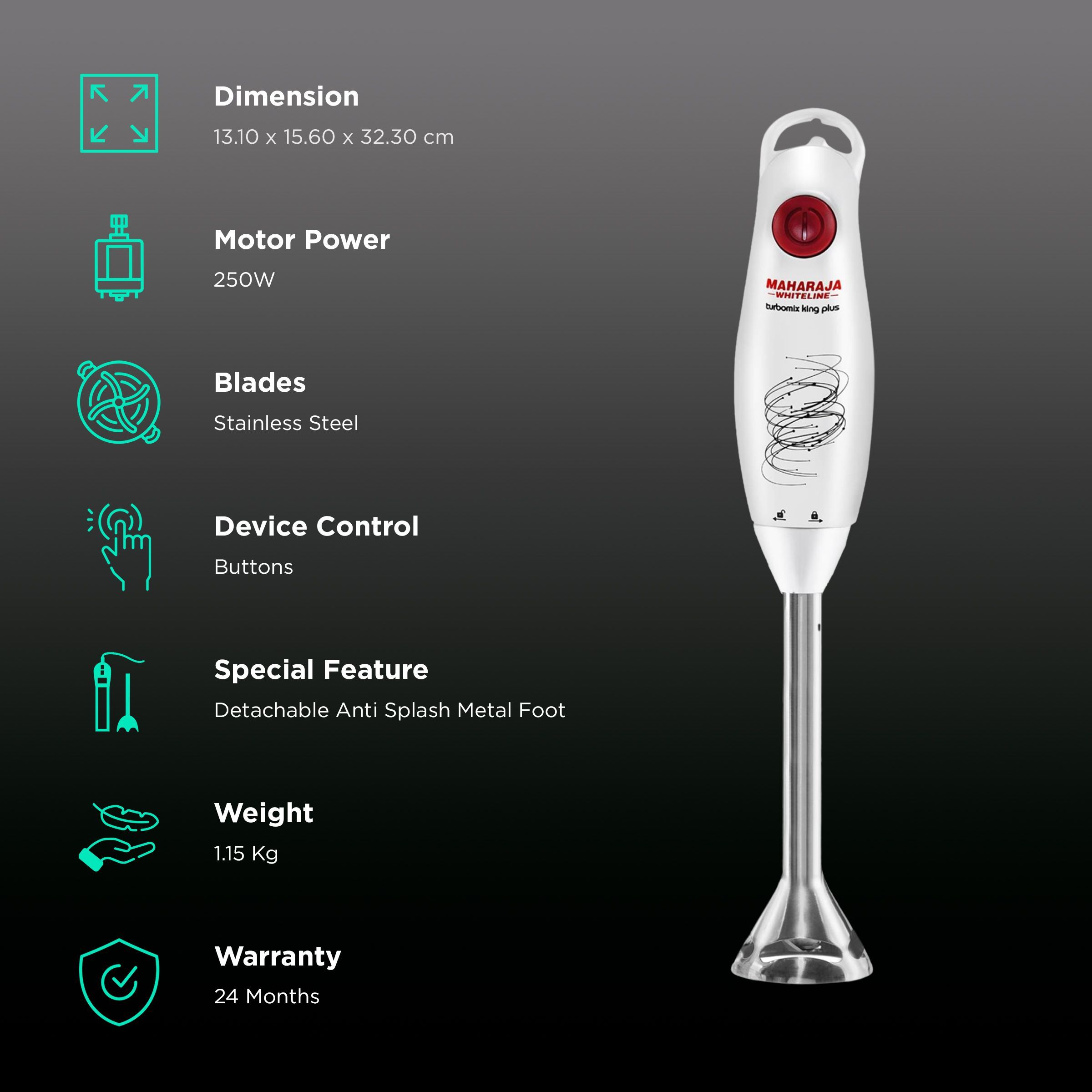 MAHARAJA WHITELINE Turbomix King Plus HB-132 250 Watt Hand Blender with 2 Attachments (Duraforce Advanced Blade Technology, White/Red)_2