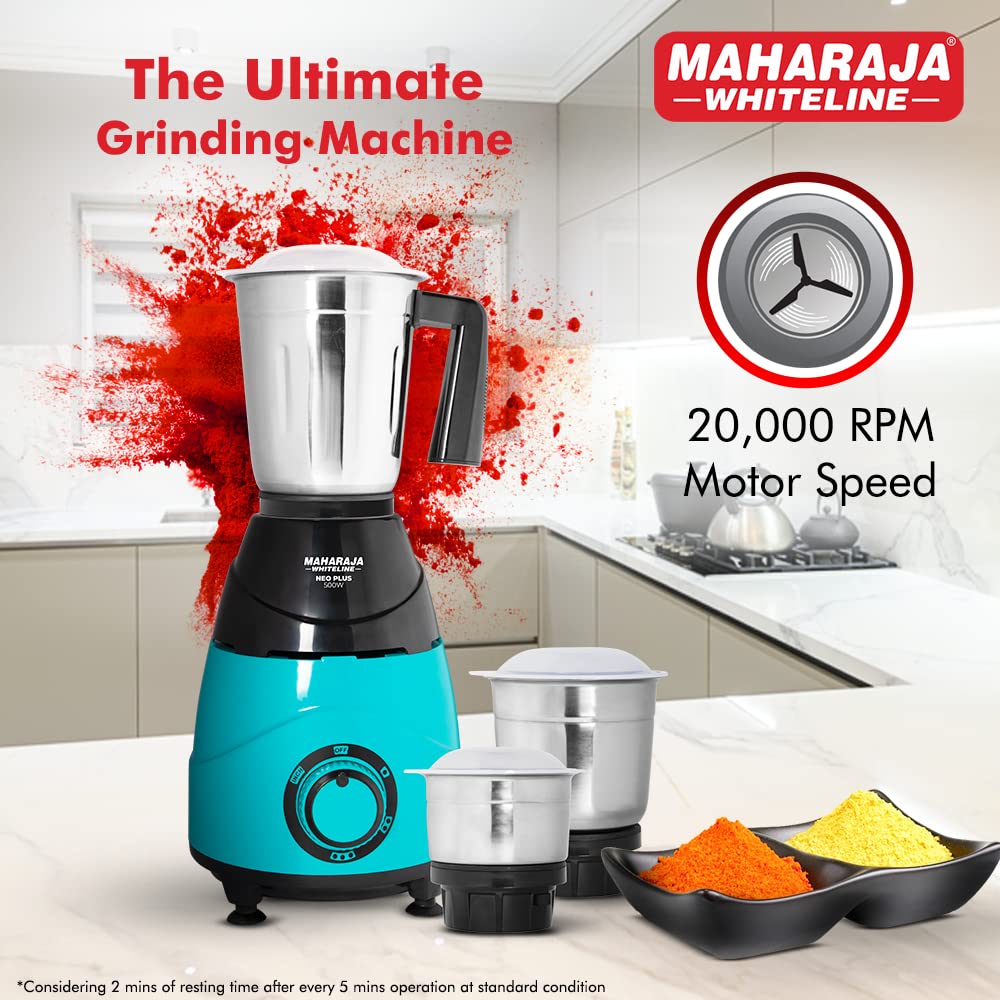 MAHARAJA WHITELINE Neo Plus 500 Watt 3 Jars Mixer Grinder (20000 RPM, Unique Jar Flow Breaker, Turquoise Blue/Black)_7