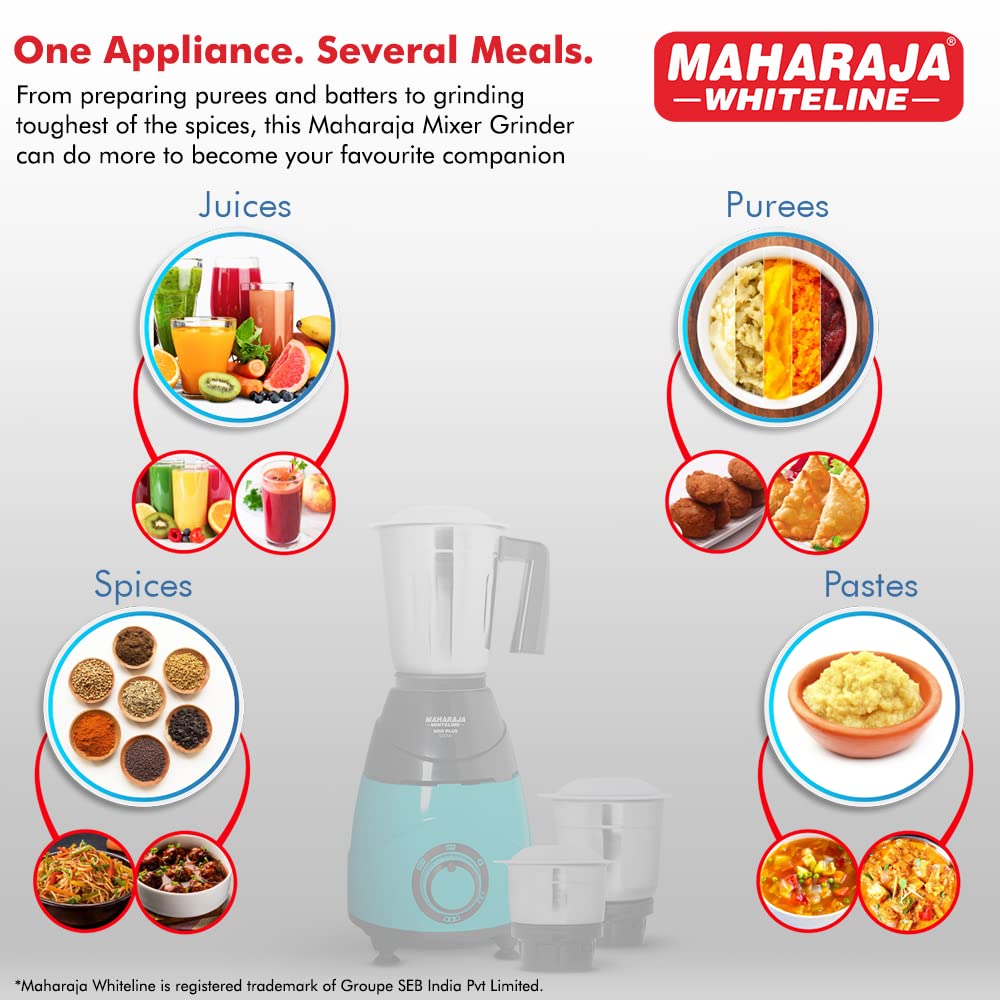 MAHARAJA WHITELINE Neo Plus 500 Watt 3 Jars Mixer Grinder (20000 RPM, Unique Jar Flow Breaker, Turquoise Blue/Black)_8