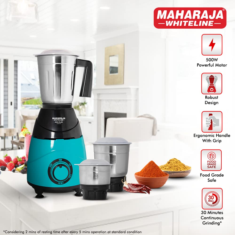 MAHARAJA WHITELINE Neo Plus 500 Watt 3 Jars Mixer Grinder (20000 RPM, Unique Jar Flow Breaker, Turquoise Blue/Black)_10