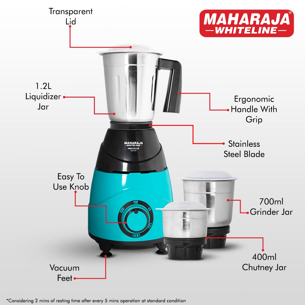 MAHARAJA WHITELINE Neo Plus 500 Watt 3 Jars Mixer Grinder (20000 RPM, Unique Jar Flow Breaker, Turquoise Blue/Black)_11