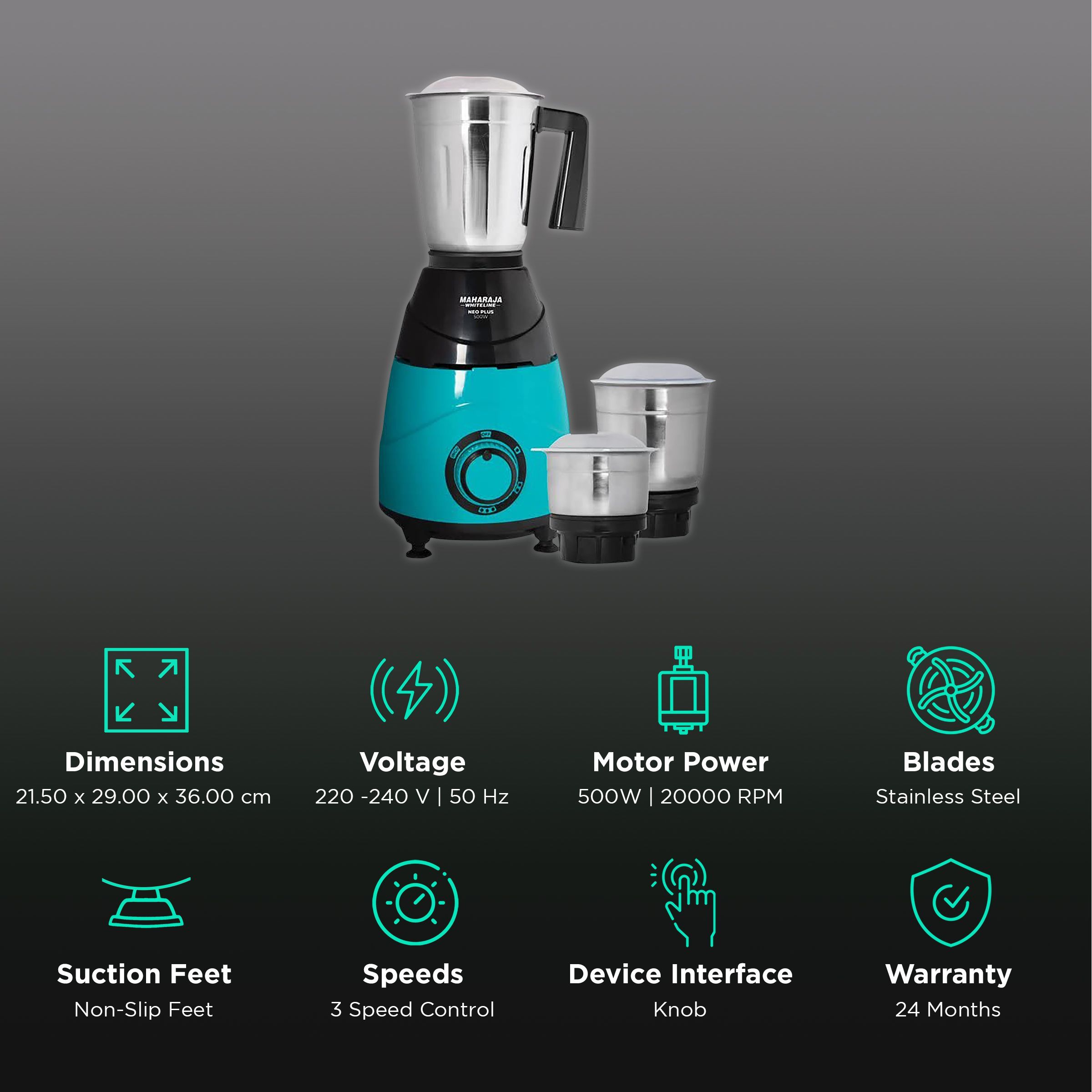 MAHARAJA WHITELINE Neo Plus 500 Watt 3 Jars Mixer Grinder (20000 RPM, Unique Jar Flow Breaker, Turquoise Blue/Black)_2
