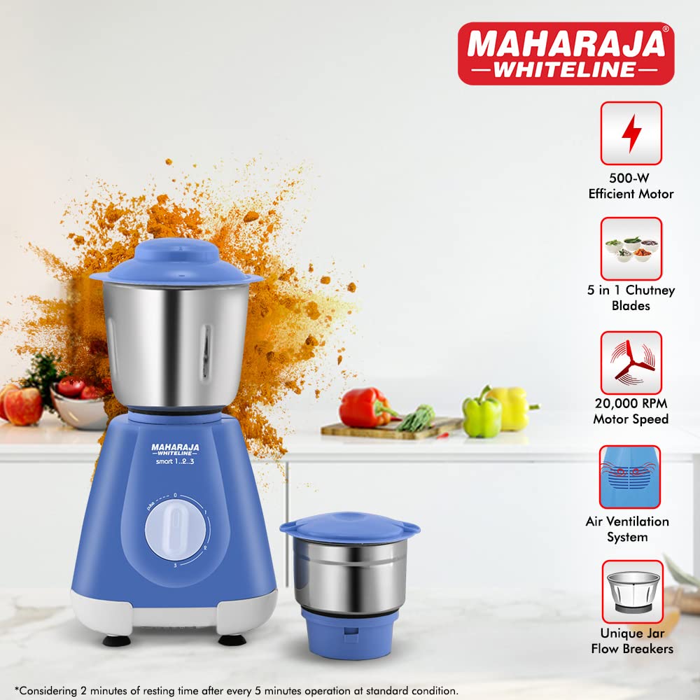 MAHARAJA WHITELINE Smart 1..2..3 500 Watt 2 Jars Mixer Grinder (20000 RPM, 5-in-1 Blades, Blue & Silver)_6