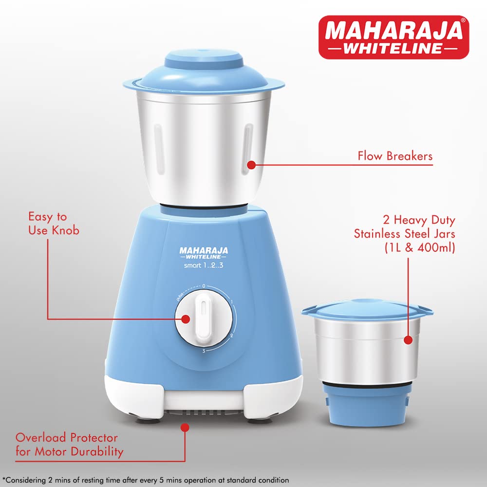 MAHARAJA WHITELINE Smart 1..2..3 500 Watt 2 Jars Mixer Grinder (20000 RPM, 5-in-1 Blades, Blue & Silver)_8