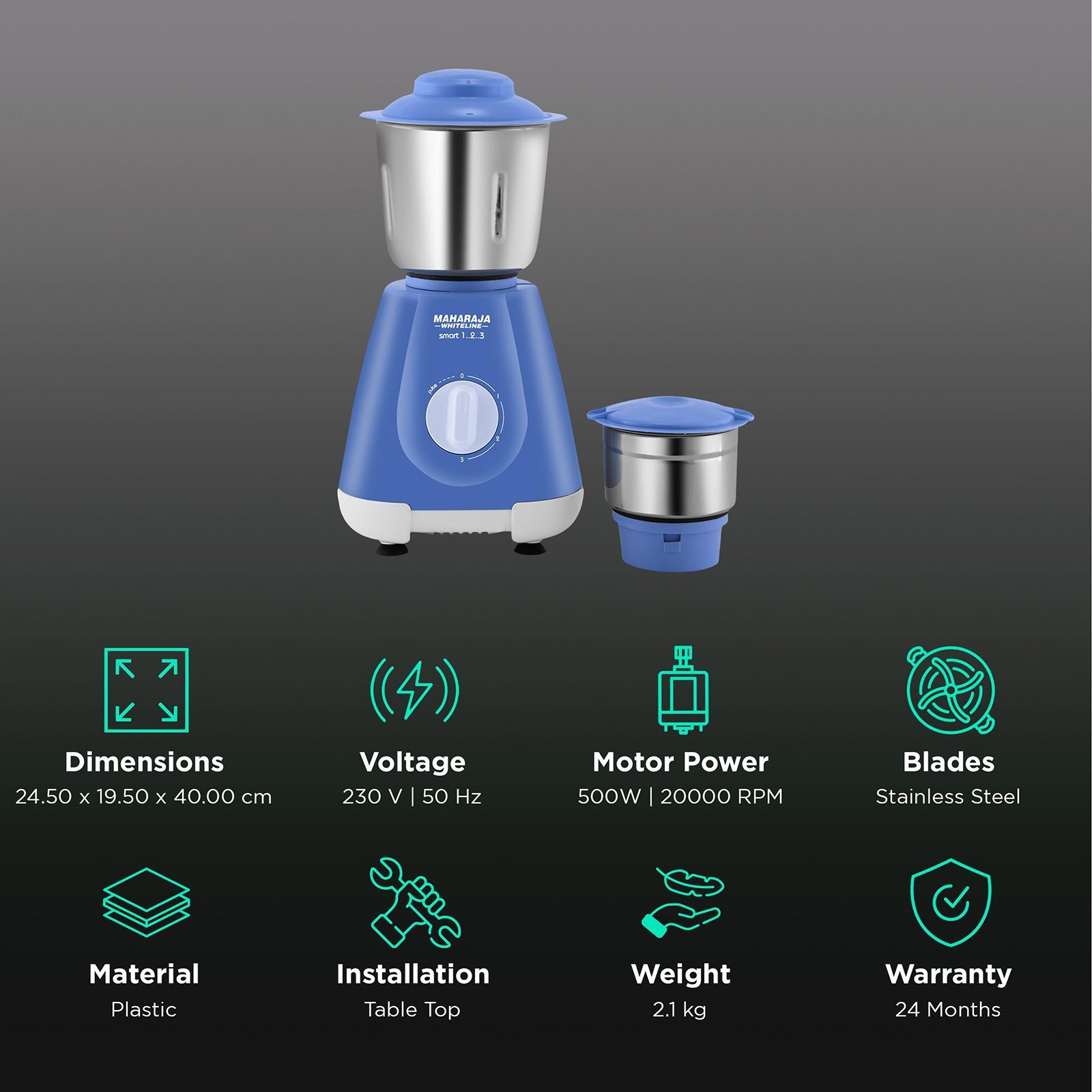 MAHARAJA WHITELINE Smart 1..2..3 500 Watt 2 Jars Mixer Grinder (20000 RPM, 5-in-1 Blades, Blue & Silver)_2