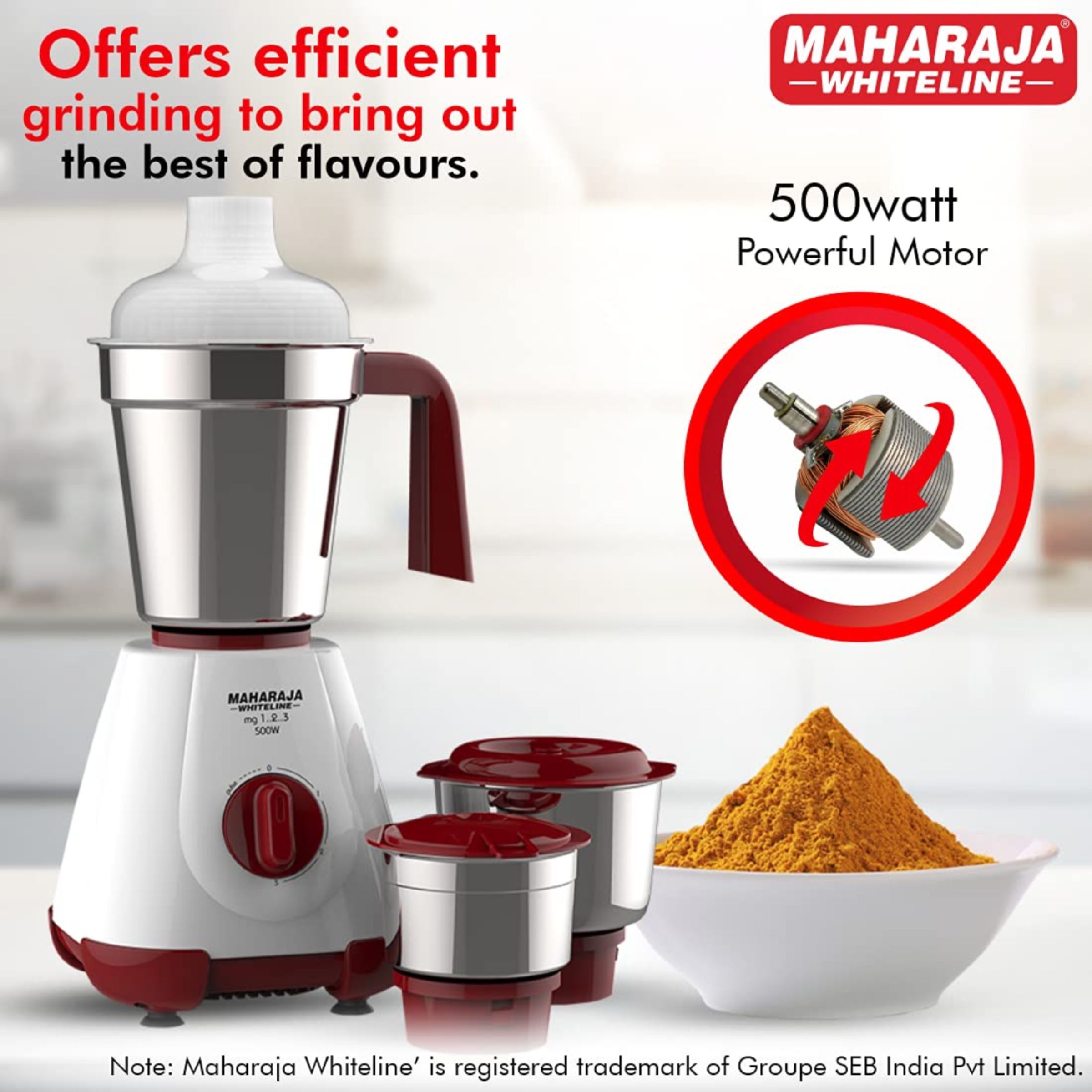 MAHARAJA WHITELINE MG 123 500 Watt 3 Jars Mixer Grinder (20000 RPM, 30 Minutes Operating Time, Cherry Red & White) MAHARAJA WHITELINE MG 123 500 Watt 3 Jars Mixer Grinder (20000 RPM, 30 Minutes Operating Time, Cherry Red & White)_8