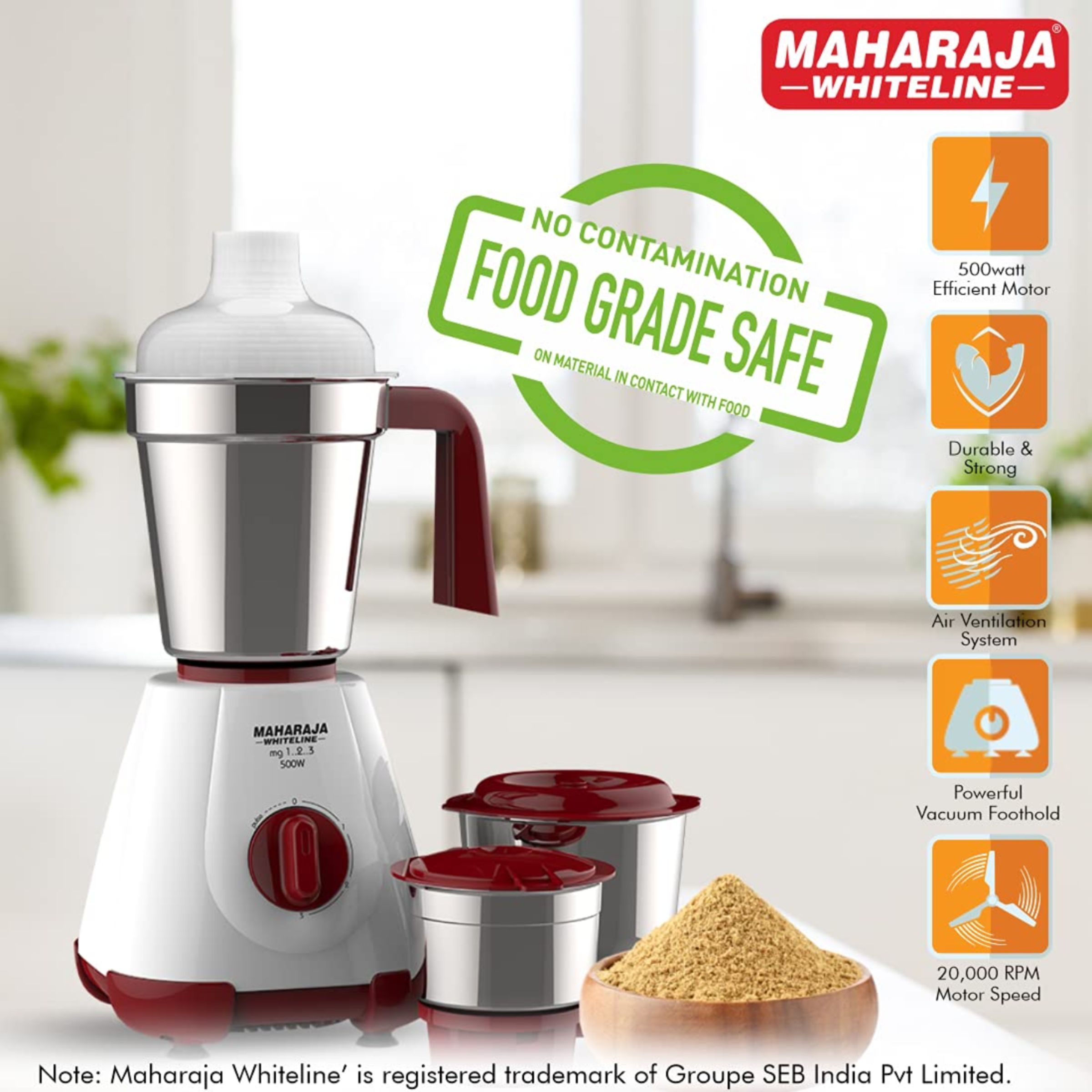 MAHARAJA WHITELINE MG 123 500 Watt 3 Jars Mixer Grinder (20000 RPM, 30 Minutes Operating Time, Cherry Red & White) MAHARAJA WHITELINE MG 123 500 Watt 3 Jars Mixer Grinder (20000 RPM, 30 Minutes Operating Time, Cherry Red & White)_10