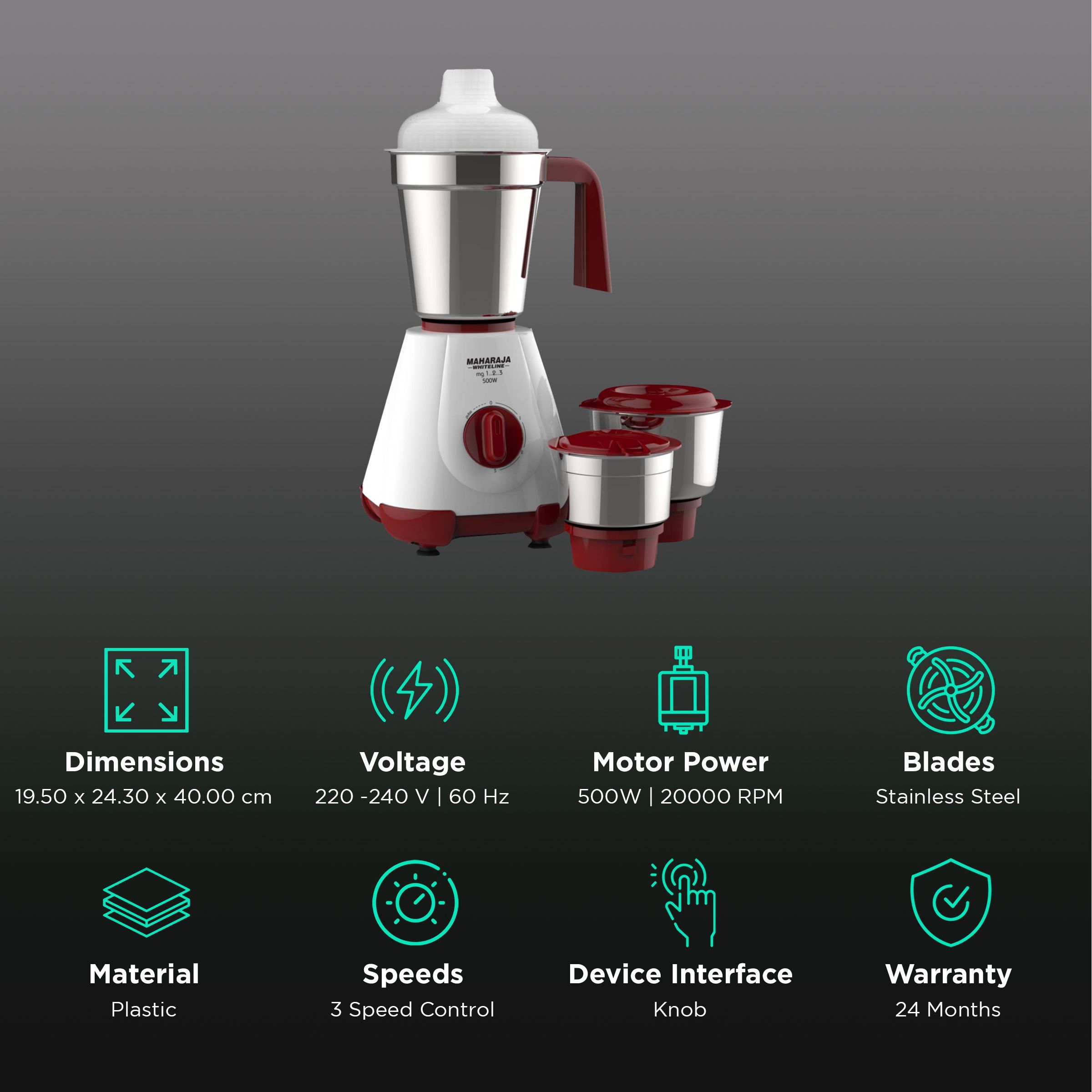 MAHARAJA WHITELINE MG 123 500 Watt 3 Jars Mixer Grinder (20000 RPM, 30 Minutes Operating Time, Cherry Red & White) MAHARAJA WHITELINE MG 123 500 Watt 3 Jars Mixer Grinder (20000 RPM, 30 Minutes Operating Time, Cherry Red & White)_2