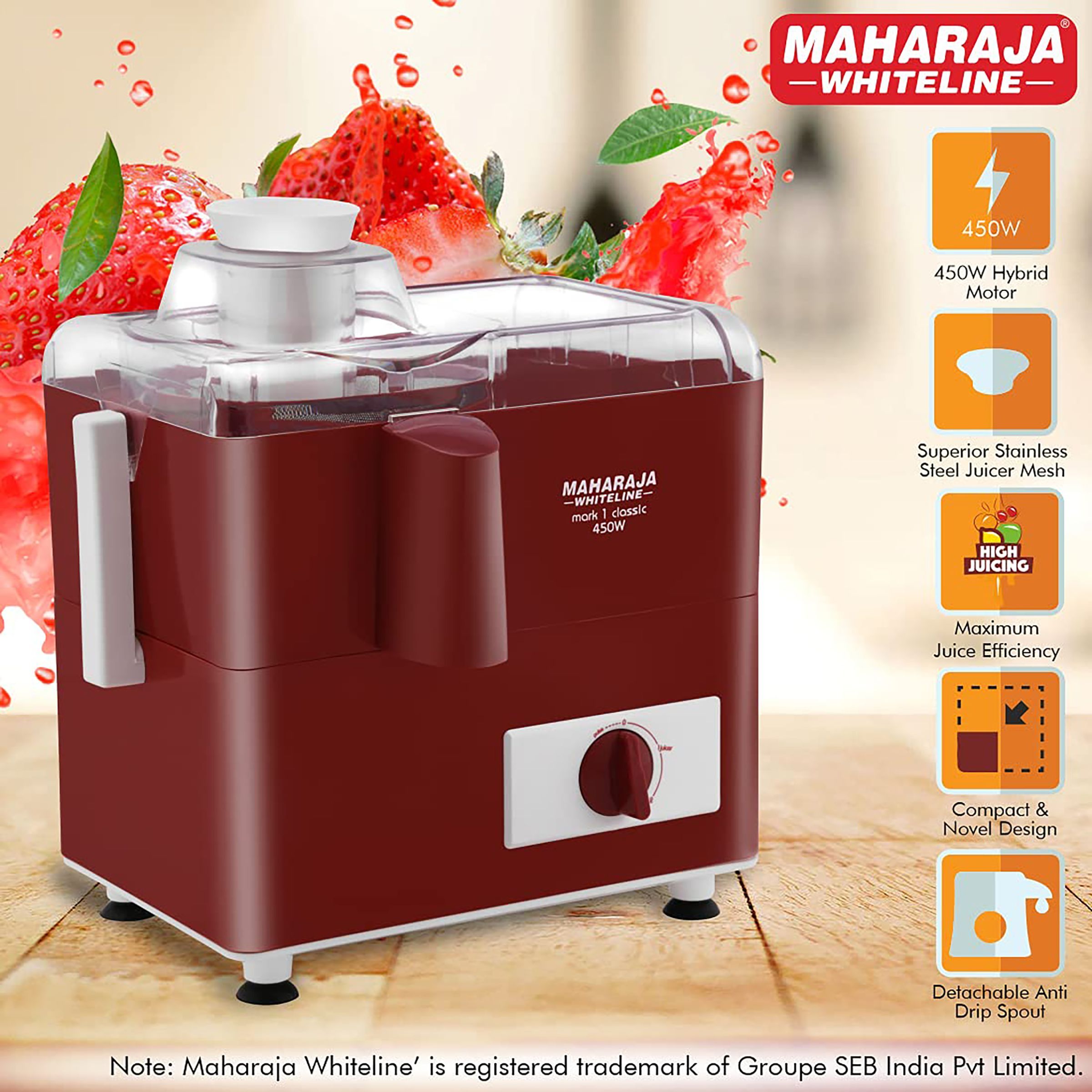 MAHARAJA WHITELINE Mark 1 Classic 450 Watt Juice Extractor (Maximum Juice Efficiency, Cherry Red)_7