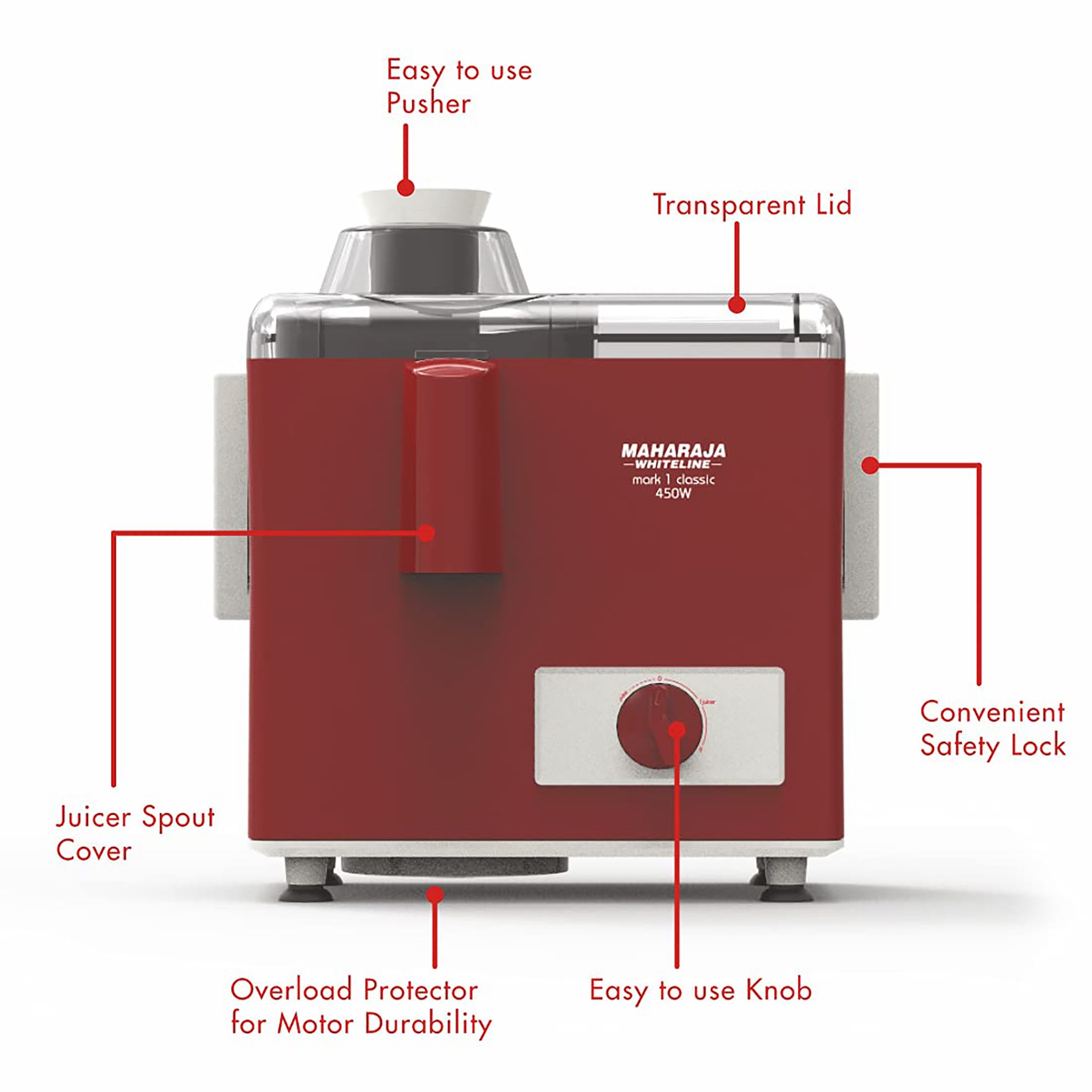 MAHARAJA WHITELINE Mark 1 Classic 450 Watt Juice Extractor (Maximum Juice Efficiency, Cherry Red)_8