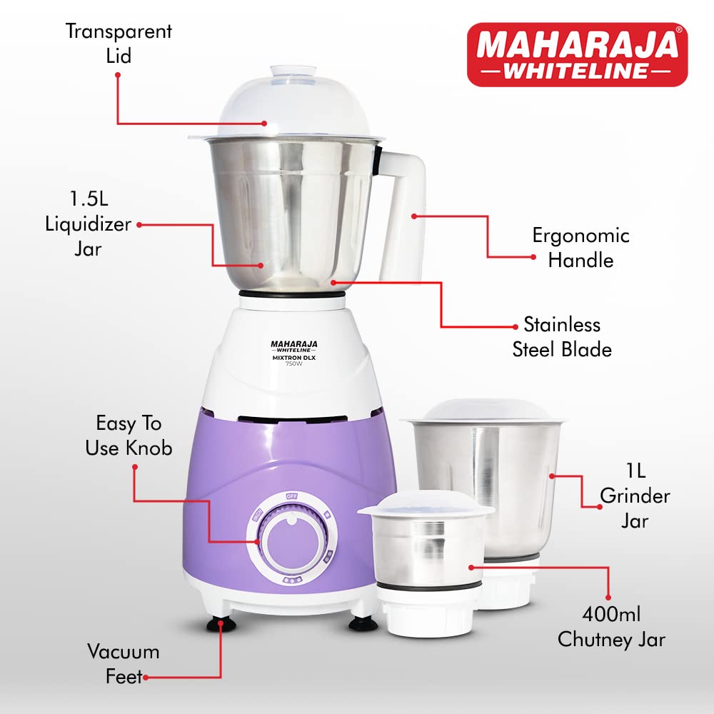 MAHARAJA WHITELINE Mixtron Dlx 750 Watt 3 Jars Mixer Grinder (20000 RPM, Unique Jar Flow Breaker, Lavender & White)_7