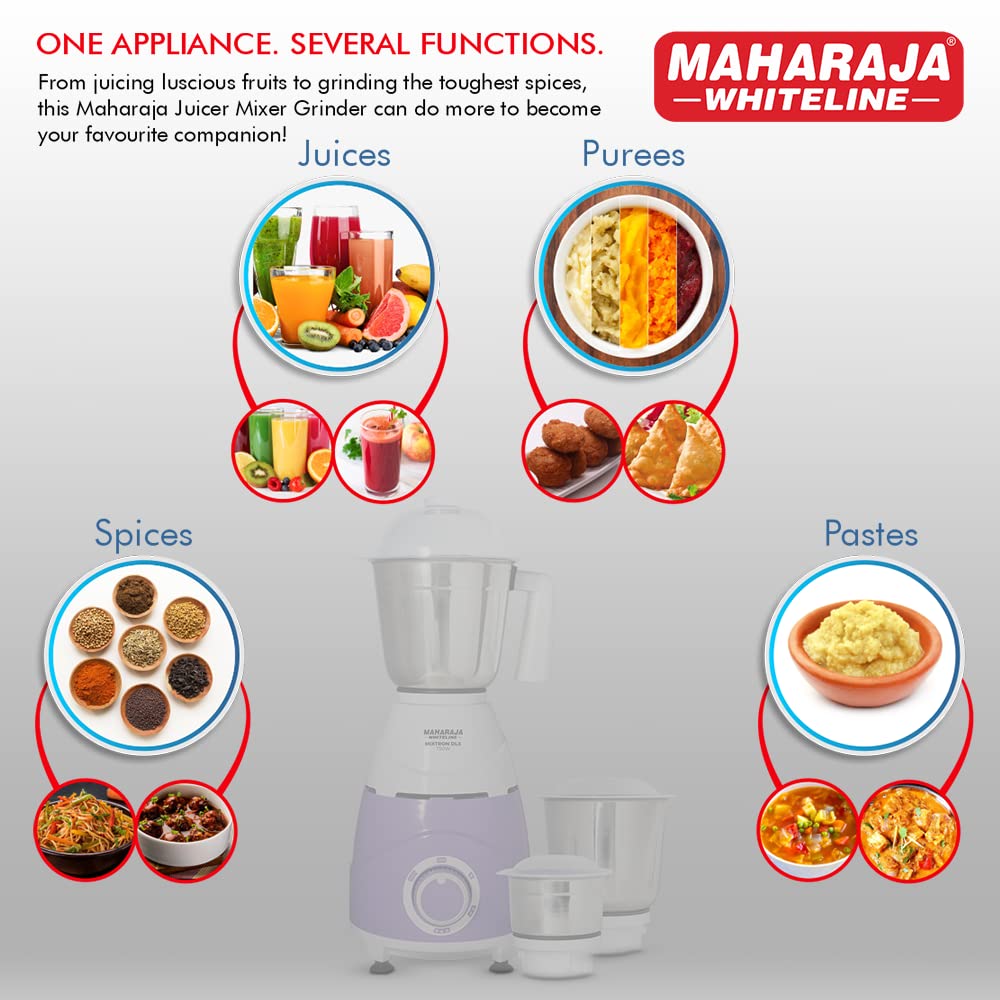 MAHARAJA WHITELINE Mixtron Dlx 750 Watt 3 Jars Mixer Grinder (20000 RPM, Unique Jar Flow Breaker, Lavender & White)_8