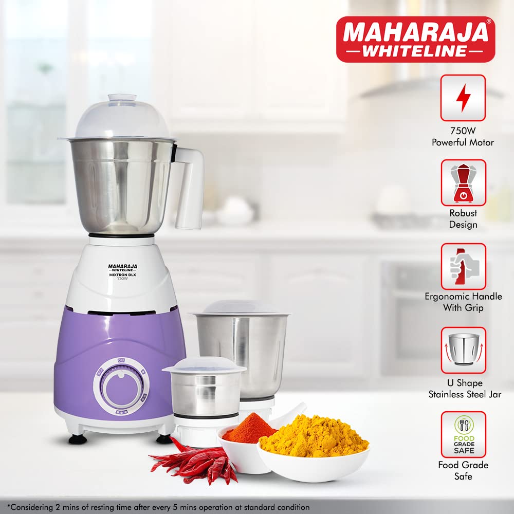 MAHARAJA WHITELINE Mixtron Dlx 750 Watt 3 Jars Mixer Grinder (20000 RPM, Unique Jar Flow Breaker, Lavender & White)_12