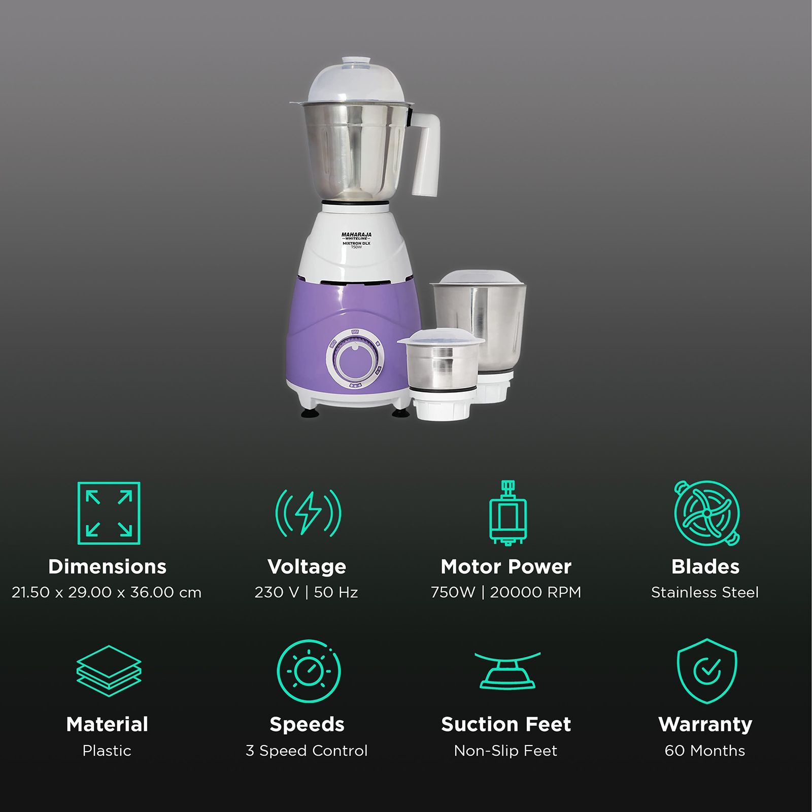 MAHARAJA WHITELINE Mixtron Dlx 750 Watt 3 Jars Mixer Grinder (20000 RPM, Unique Jar Flow Breaker, Lavender & White)_2