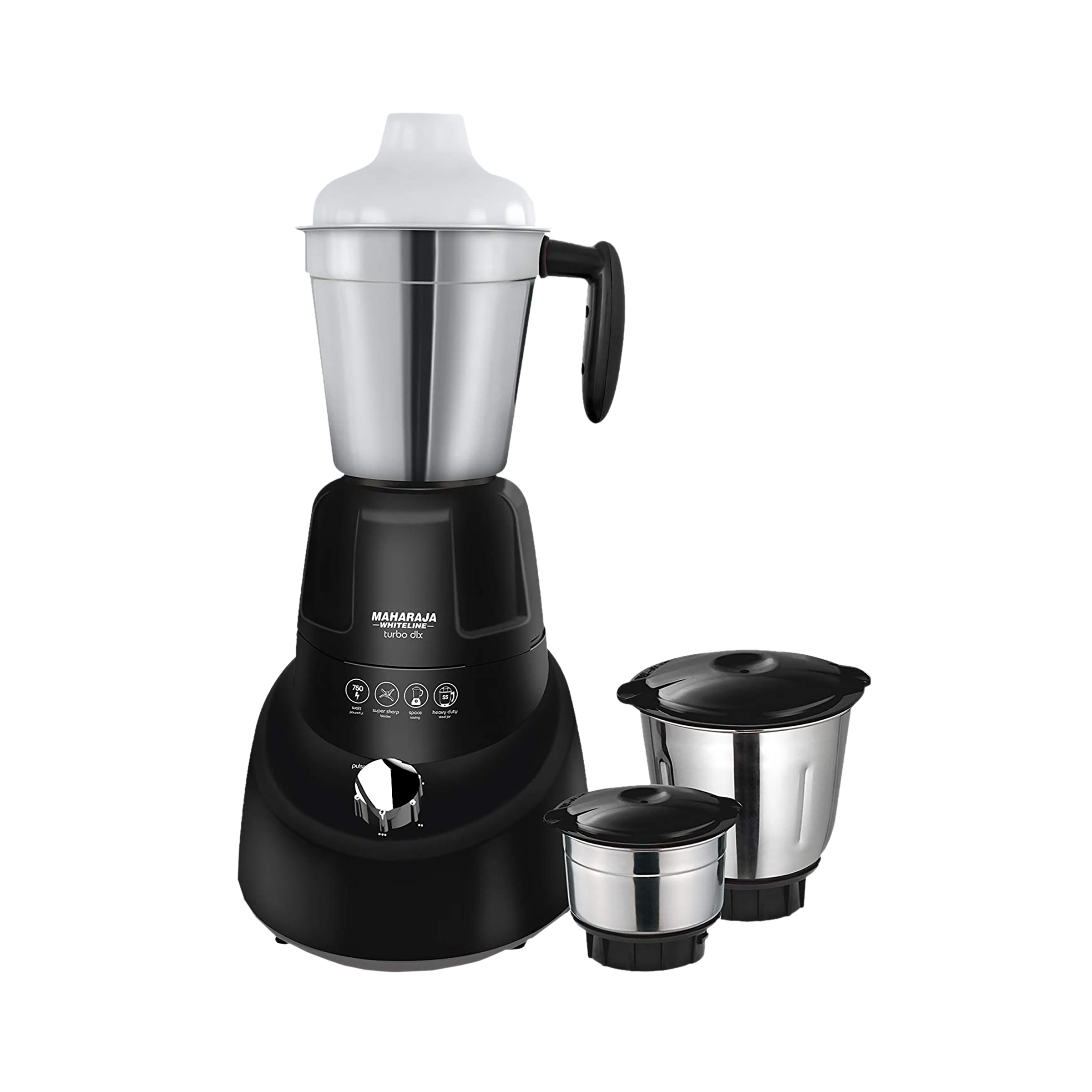 MAHARAJA WHITELINE Turbo Dlx MX-185 750 Watt 3 Jars Mixer Grinder (20000 RPM, 5-in-1 Blades, Black/Grey)_1