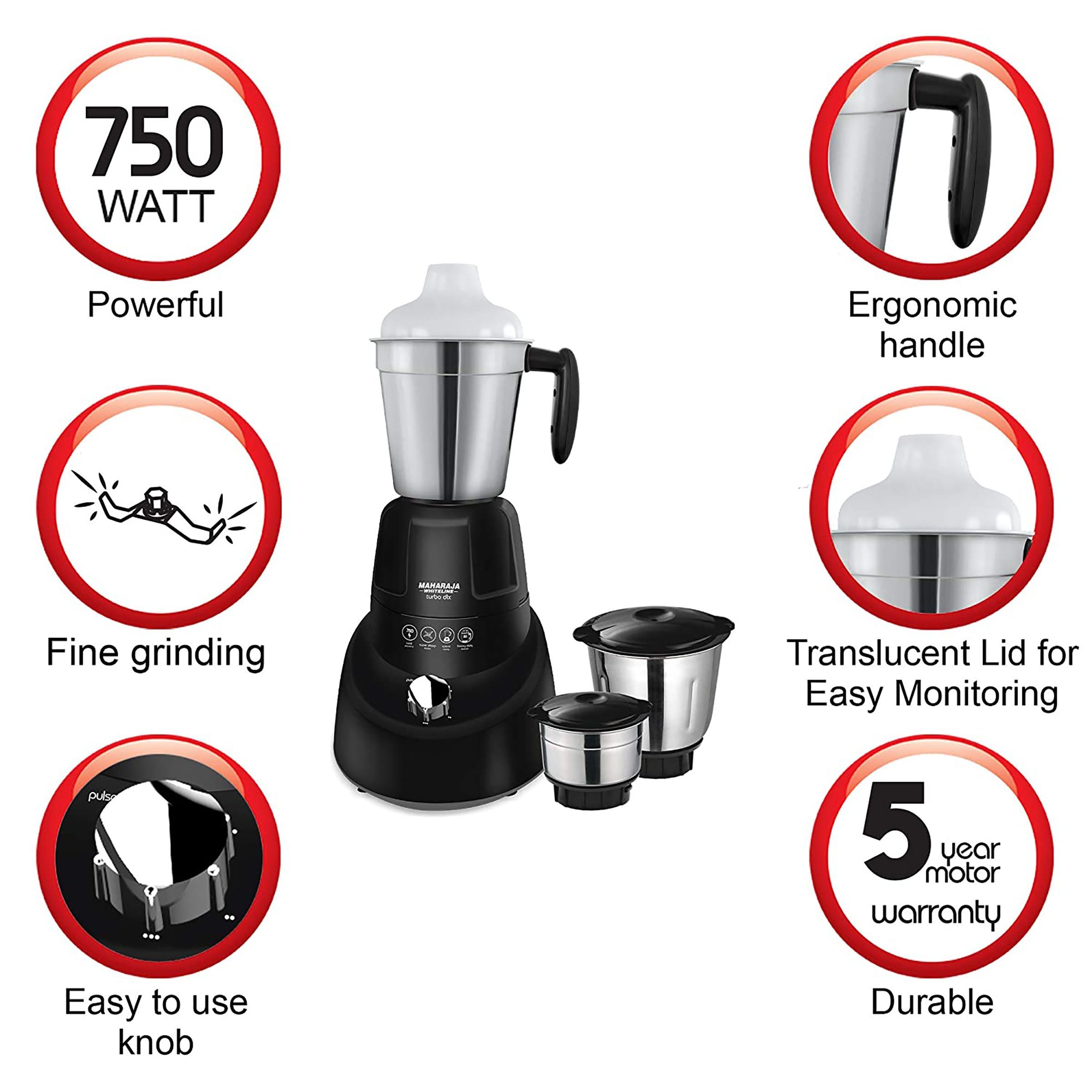 MAHARAJA WHITELINE Turbo Dlx MX-185 750 Watt 3 Jars Mixer Grinder (20000 RPM, 5-in-1 Blades, Black/Grey)_7