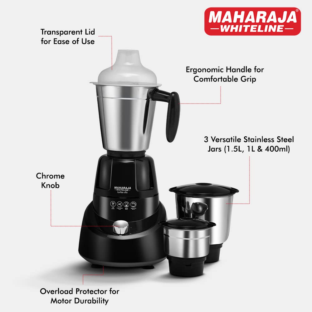 MAHARAJA WHITELINE Turbo Dlx MX-185 750 Watt 3 Jars Mixer Grinder (20000 RPM, 5-in-1 Blades, Black/Grey)_8
