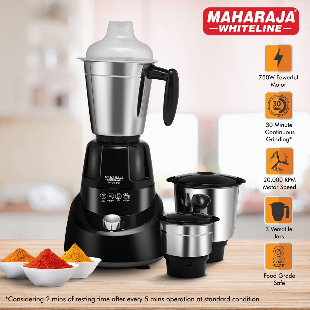 MAHARAJA WHITELINE Turbo Dlx MX-185 750 Watt 3 Jars Mixer Grinder (20000 RPM, 5-in-1 Blades, Black/Grey)_10