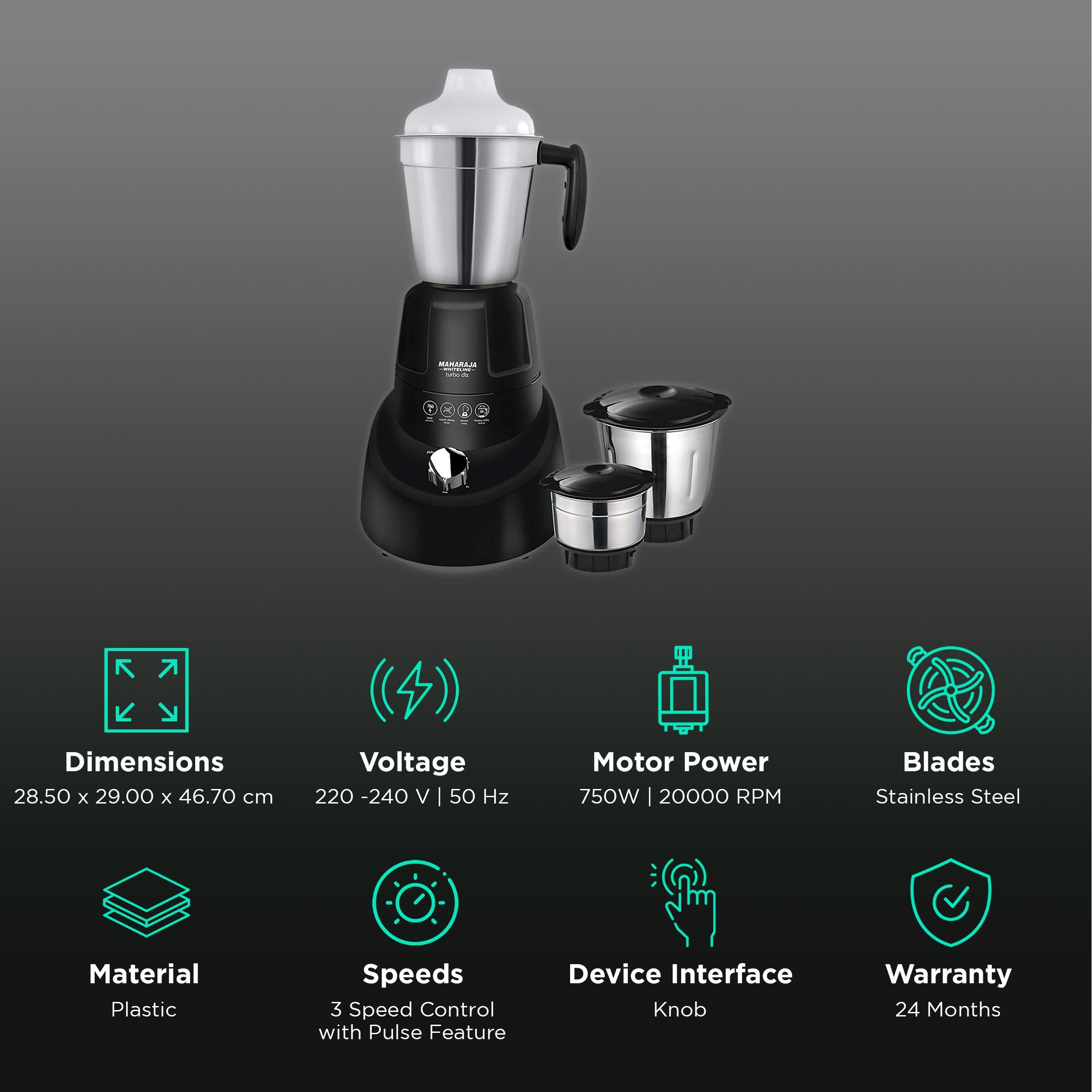 MAHARAJA WHITELINE Turbo Dlx MX-185 750 Watt 3 Jars Mixer Grinder (20000 RPM, 5-in-1 Blades, Black/Grey)_2