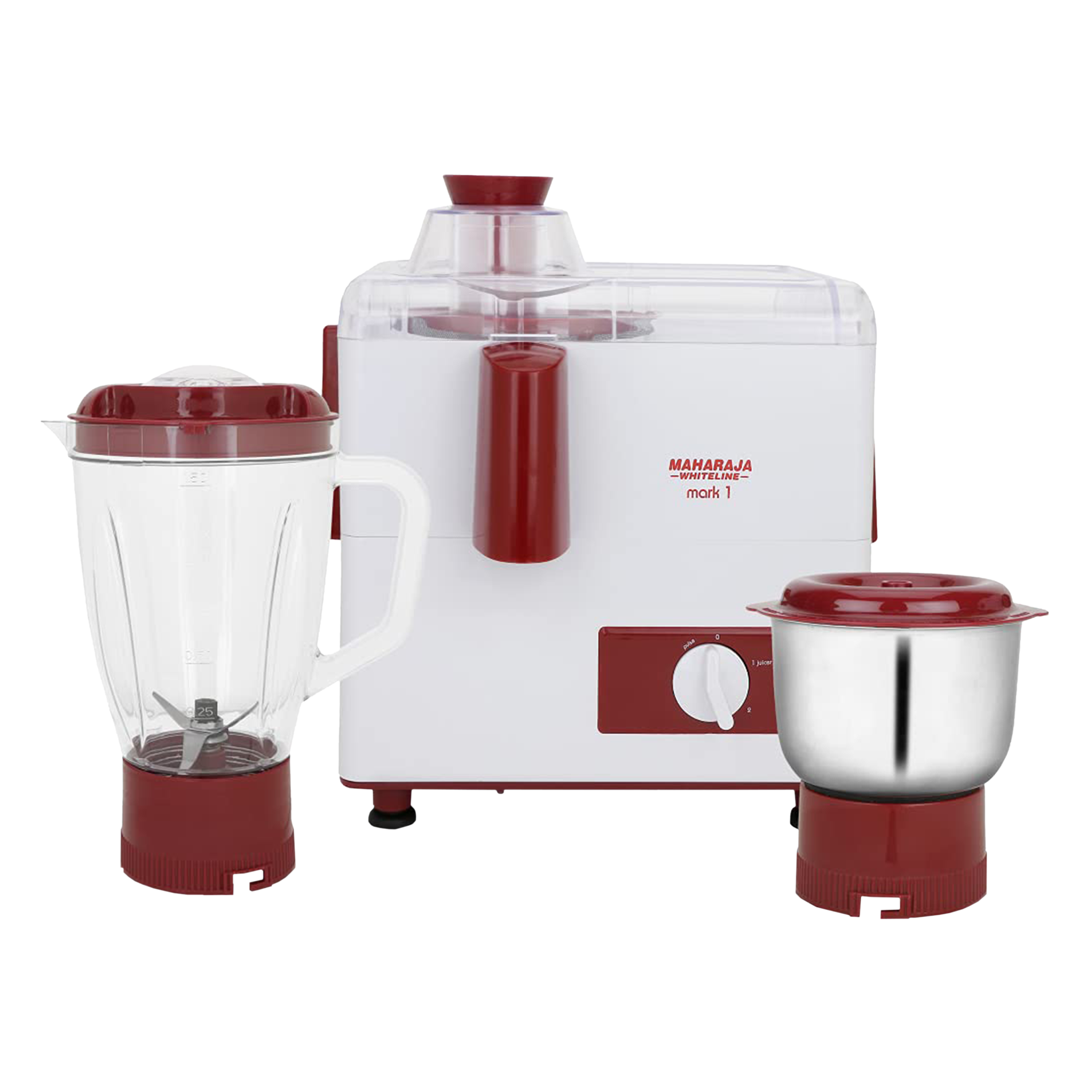 MAHARAJA WHITELINE Mark 1 450 Watt 2 Jars Juicer Mixer Grinder (Multi-Functional Blade System, White/Red)_1
