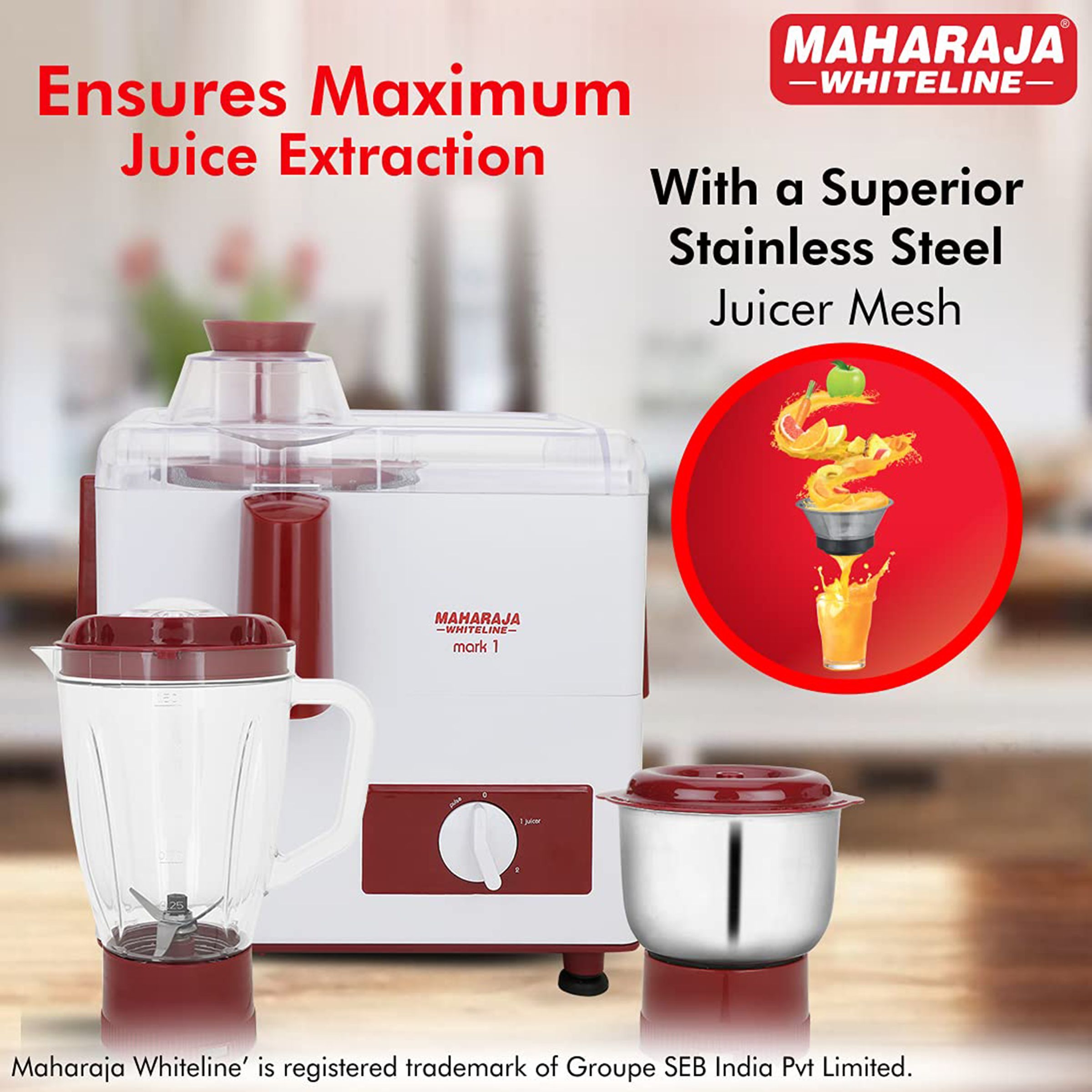 MAHARAJA WHITELINE Mark 1 450 Watt 2 Jars Juicer Mixer Grinder (Multi-Functional Blade System, White/Red)_6