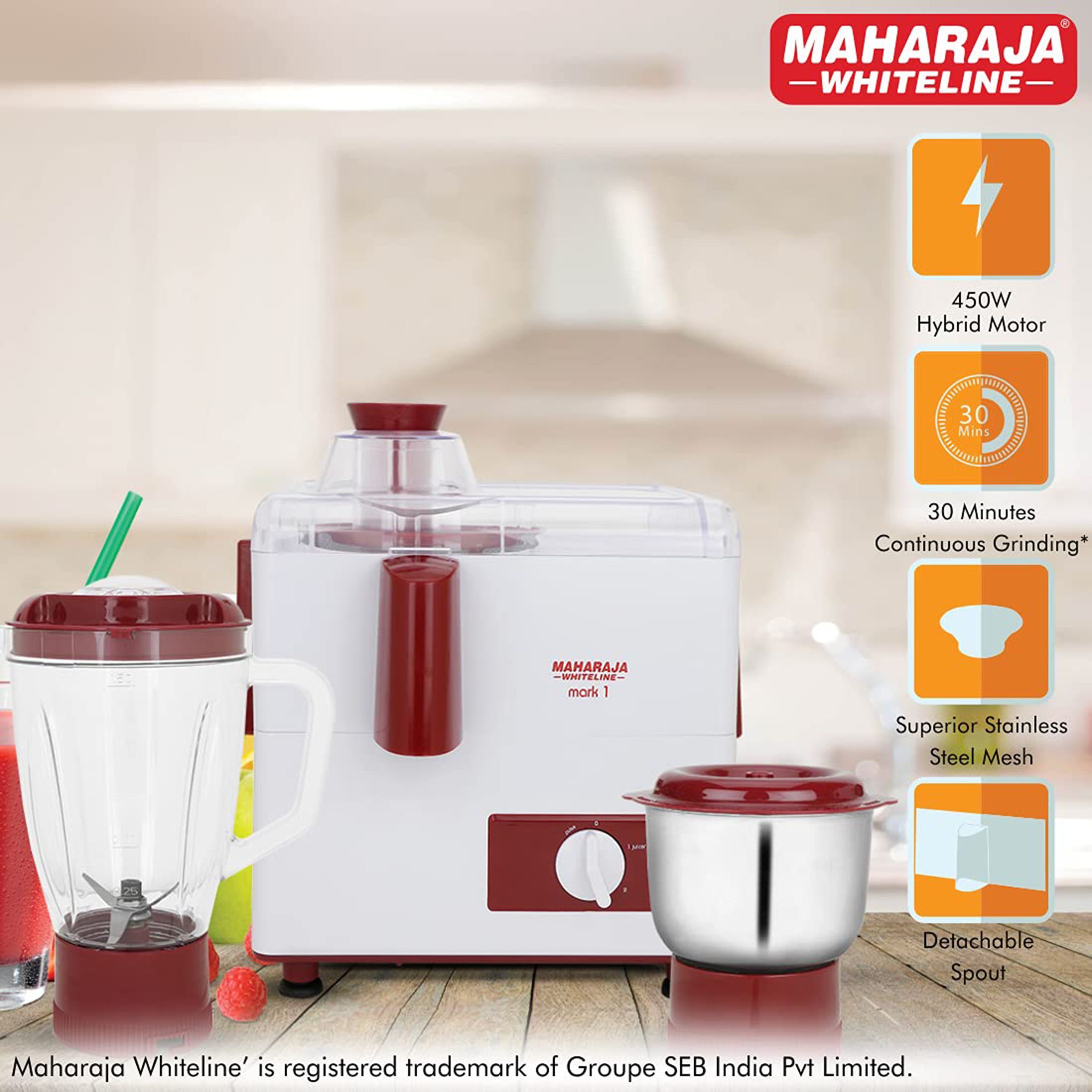 MAHARAJA WHITELINE Mark 1 450 Watt 2 Jars Juicer Mixer Grinder (Multi-Functional Blade System, White/Red)_8