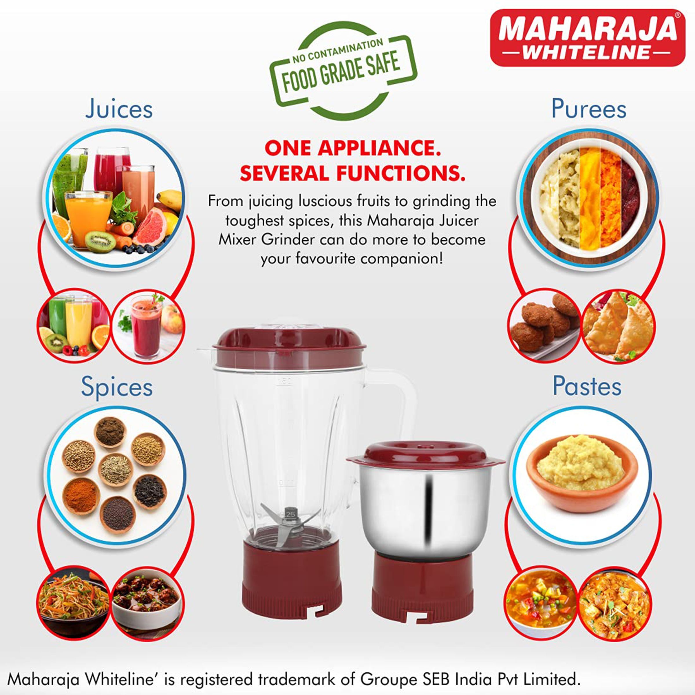 MAHARAJA WHITELINE Mark 1 450 Watt 2 Jars Juicer Mixer Grinder (Multi-Functional Blade System, White/Red)_11
