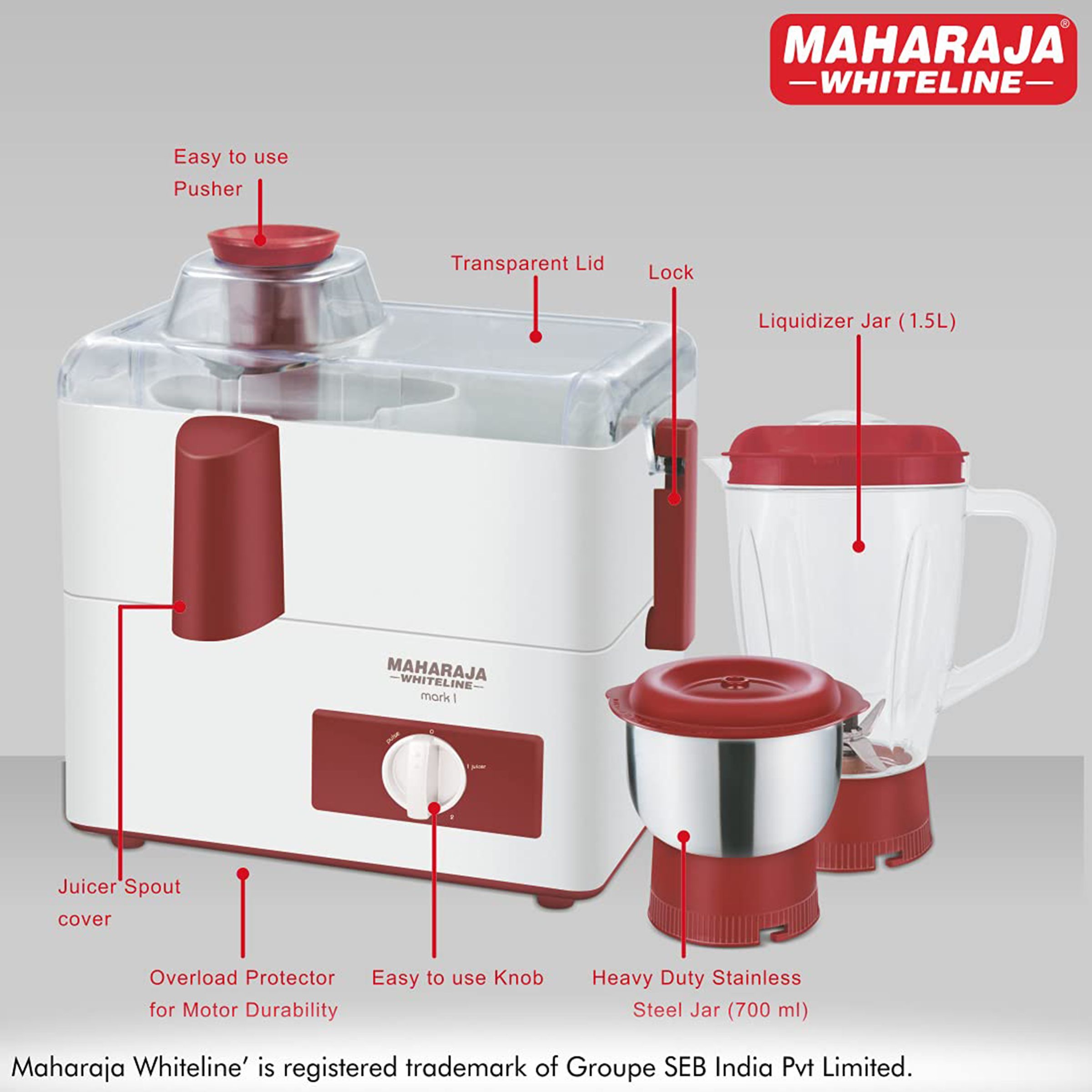 MAHARAJA WHITELINE Mark 1 450 Watt 2 Jars Juicer Mixer Grinder (Multi-Functional Blade System, White/Red)_12
