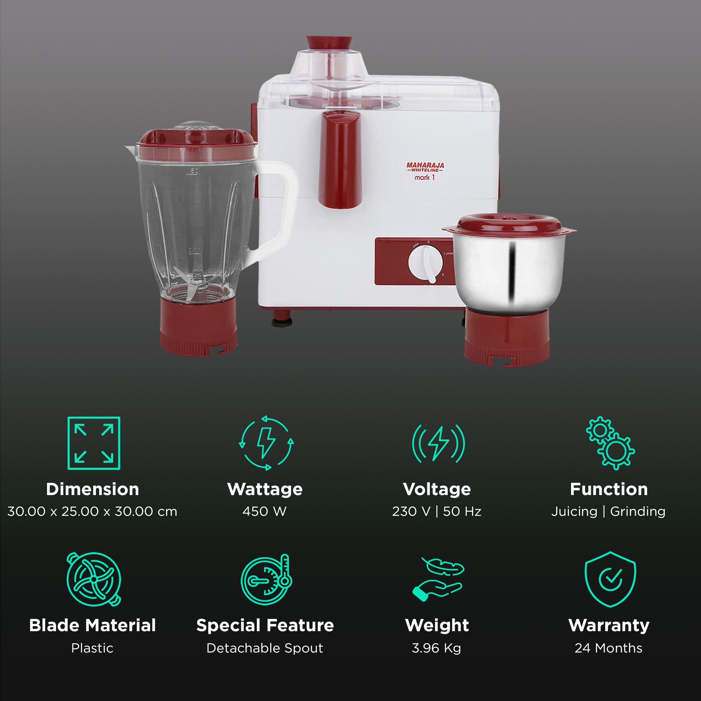 MAHARAJA WHITELINE Mark 1 450 Watt 2 Jars Juicer Mixer Grinder (Multi-Functional Blade System, White/Red)_2
